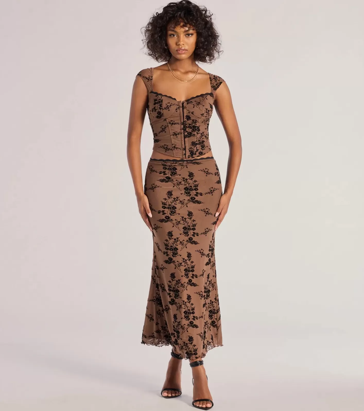 Windsor Romantic Aura Flocked Floral Mesh Maxi Skirt BROWN Discount