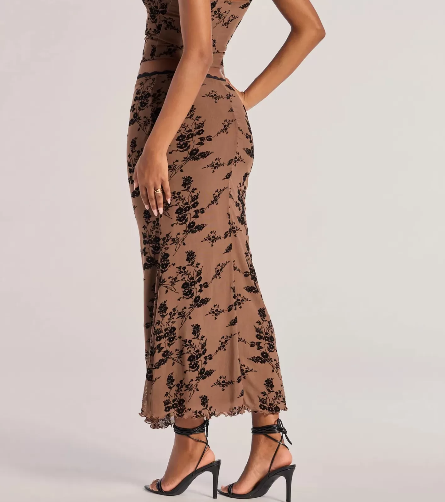 Windsor Romantic Aura Flocked Floral Mesh Maxi Skirt BROWN Discount