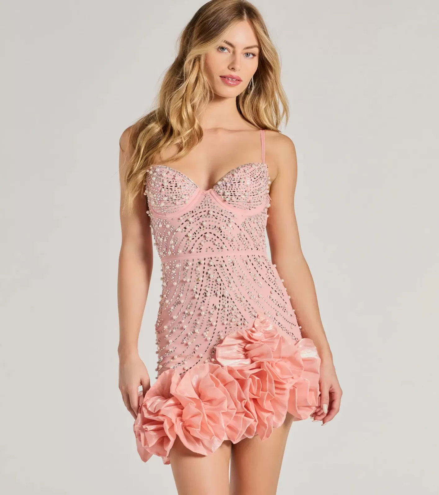 Windsor Rosalie Rhinestone Faux Pearl Ruffle Mini Dress PINK Store