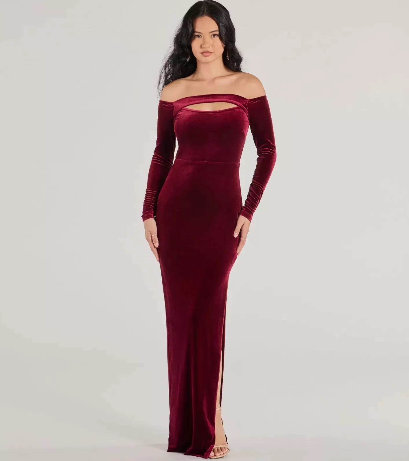 Windsor Rosalyn Velvet Off-The Shoulder Long Sleeve Formal Dress WINE Sale