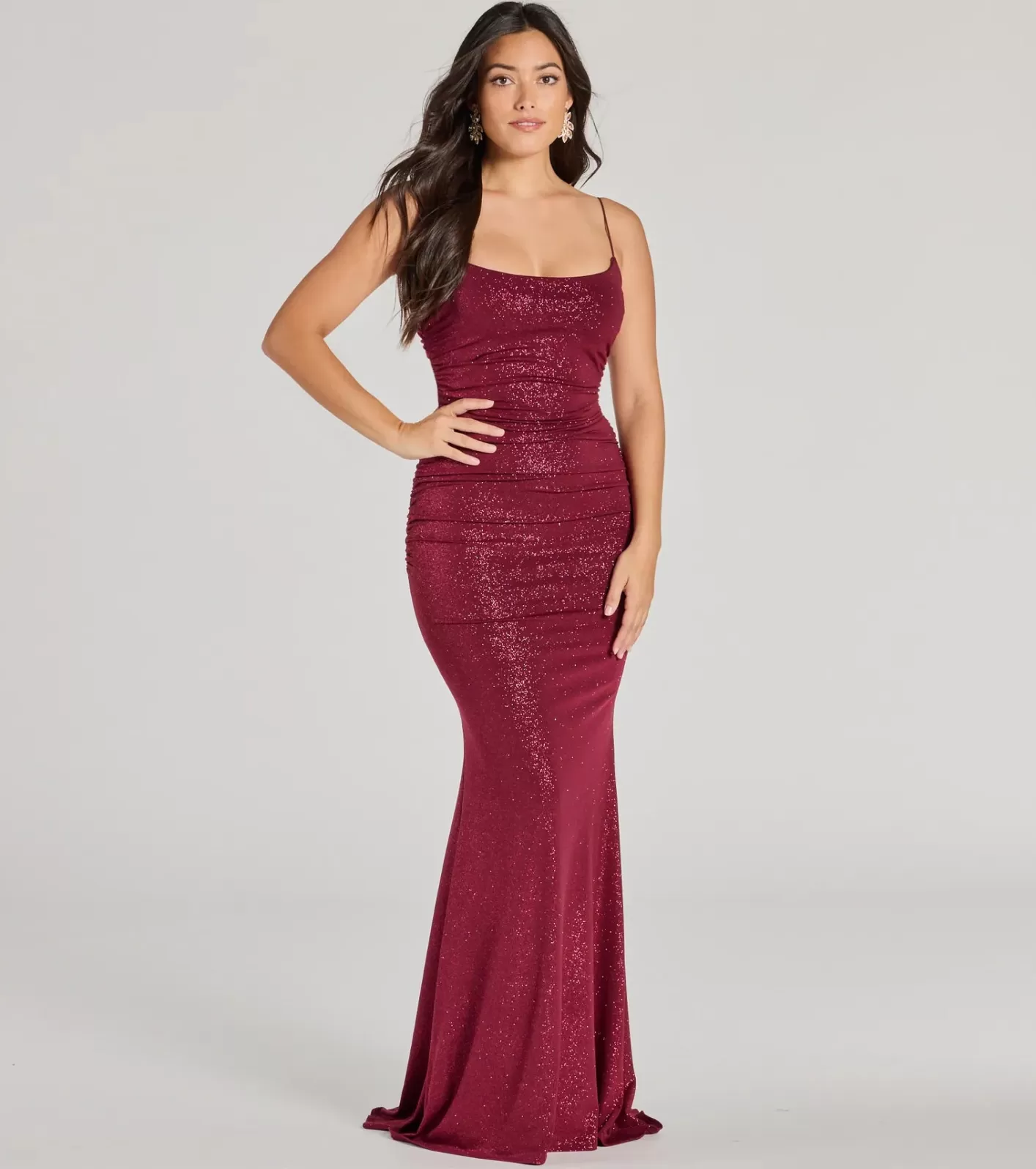 Windsor Rowan Formal Glitter Ruched Mermaid Dress BURGUNDY Clearance