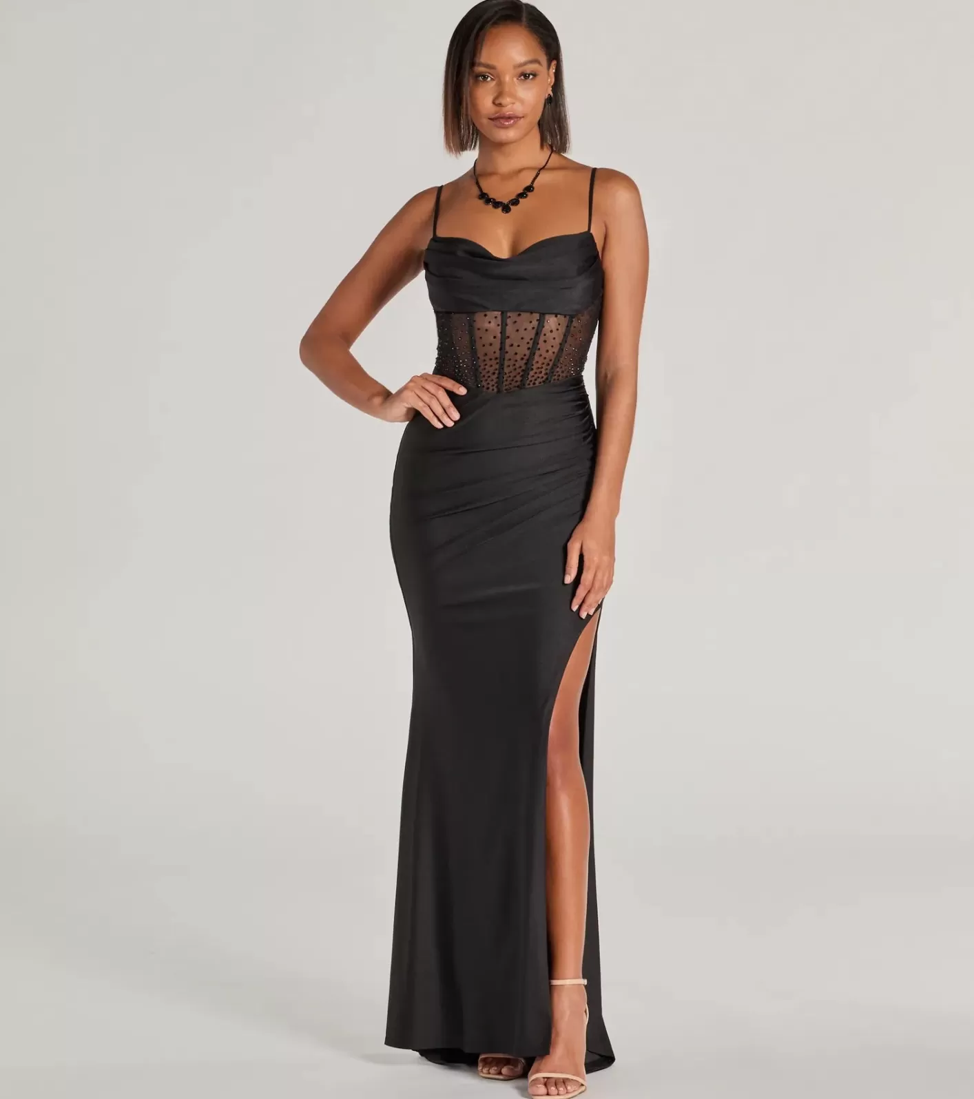 Windsor Sadie Rhinestone Corset Open Back Mermaid Formal Dress BLACK Fashion