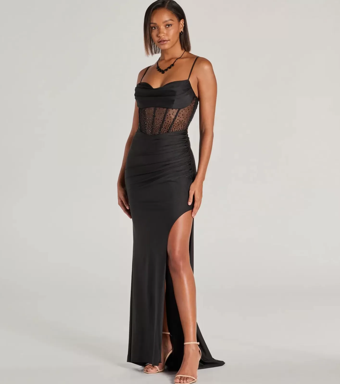 Windsor Sadie Rhinestone Corset Open Back Mermaid Formal Dress BLACK Fashion