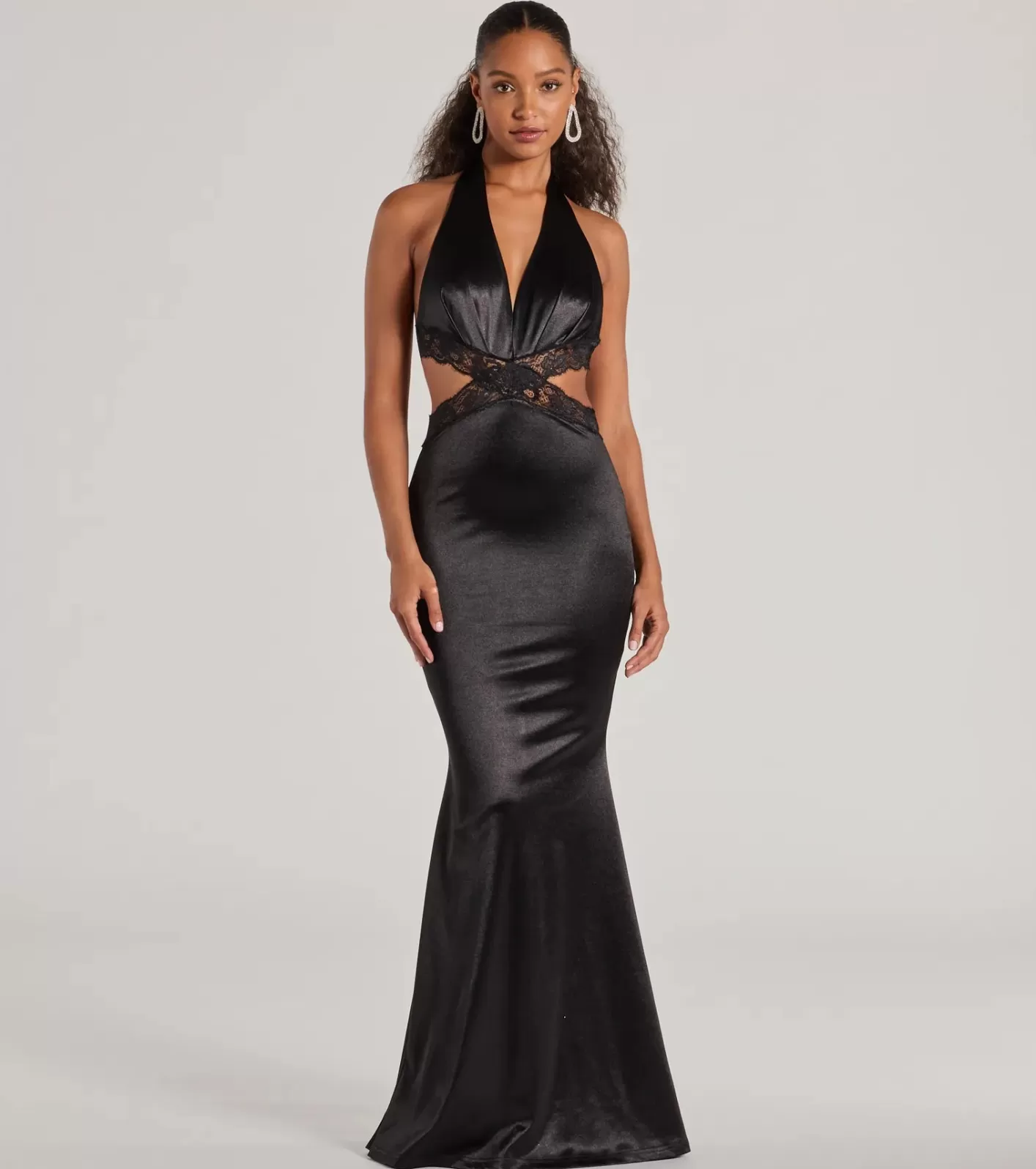 Windsor Scarlett V-Neck Lace Trim Open Back Mermaid Formal Dress BLACK Hot