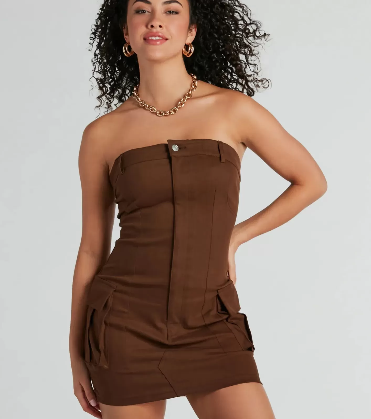 Windsor Sensational City Girl Strapless Cargo Mini Dress BROWN Clearance