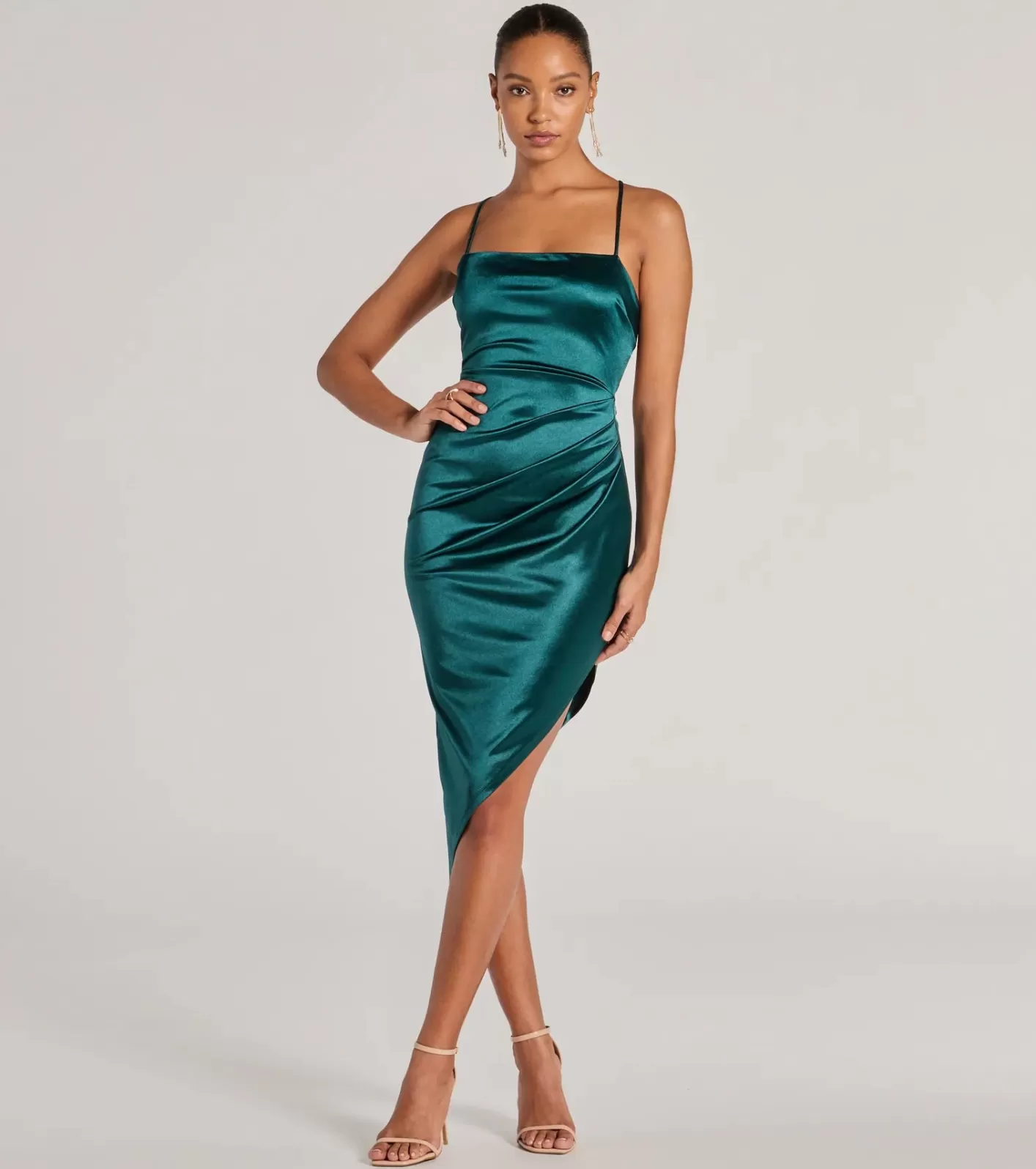 Windsor Sensational Fate Lace-Up Bodycon Satin Midi Dress HUNTER Cheap