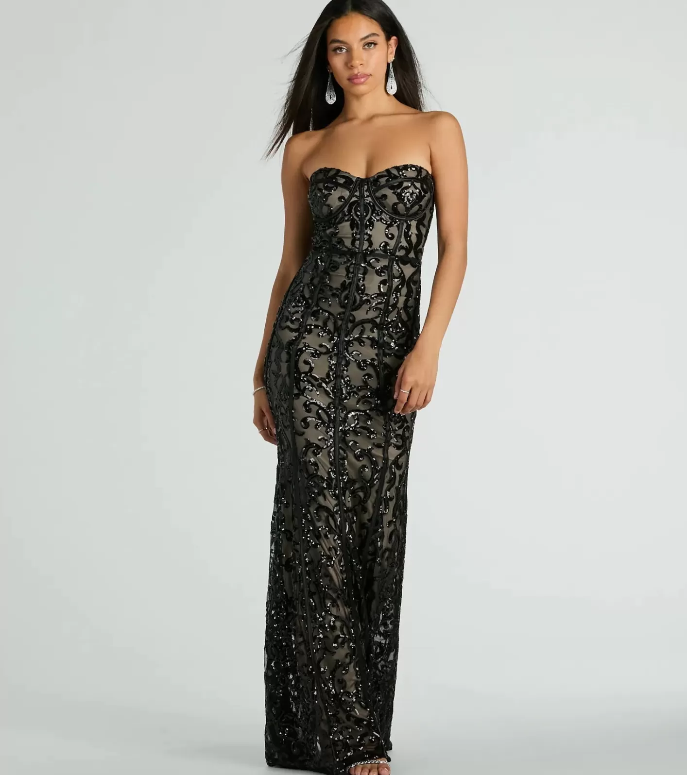 Windsor Serena Strapless Corset Sequin Mermaid Formal Dress BLACK Cheap