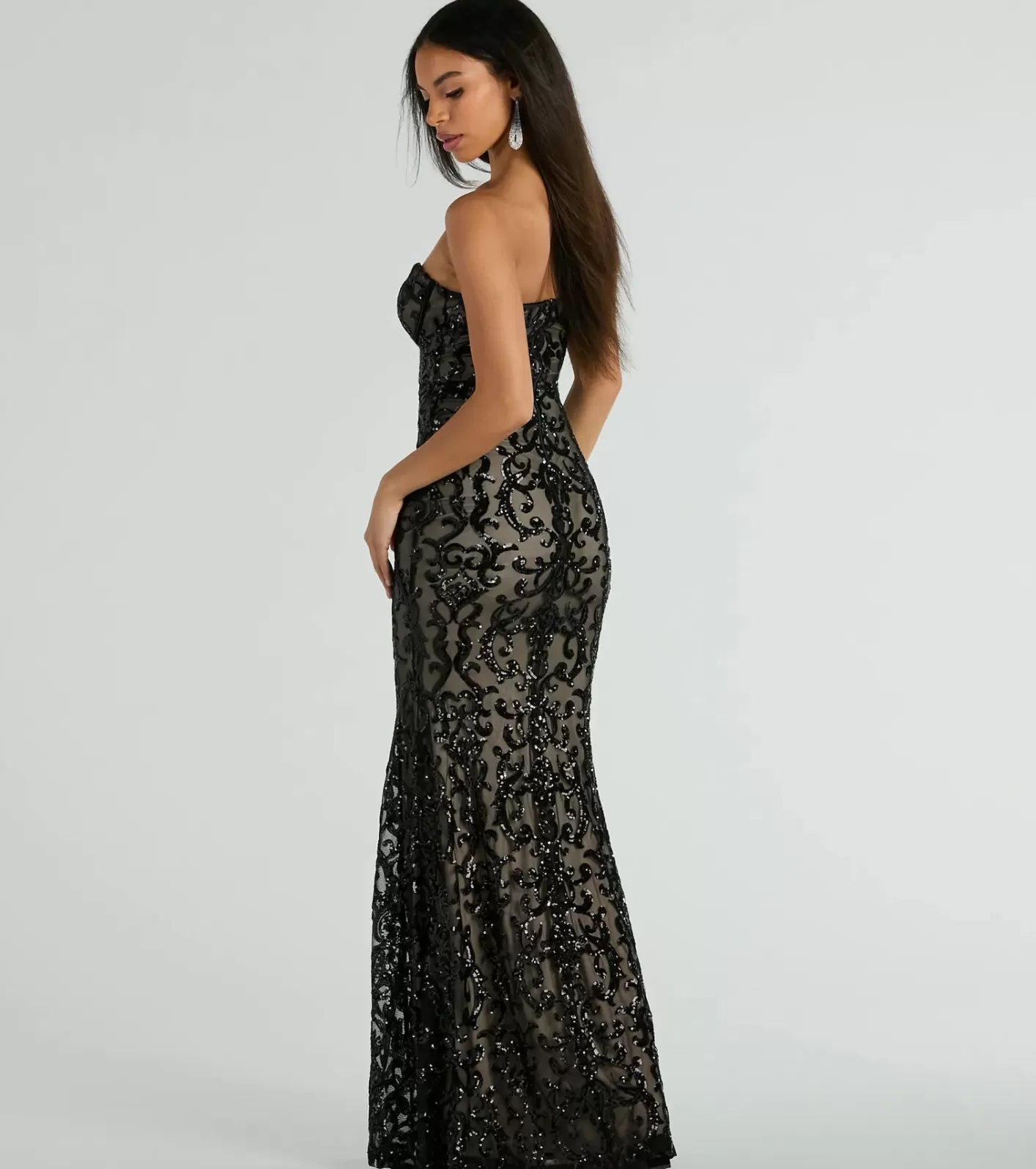 Windsor Serena Strapless Corset Sequin Mermaid Formal Dress BLACK Cheap