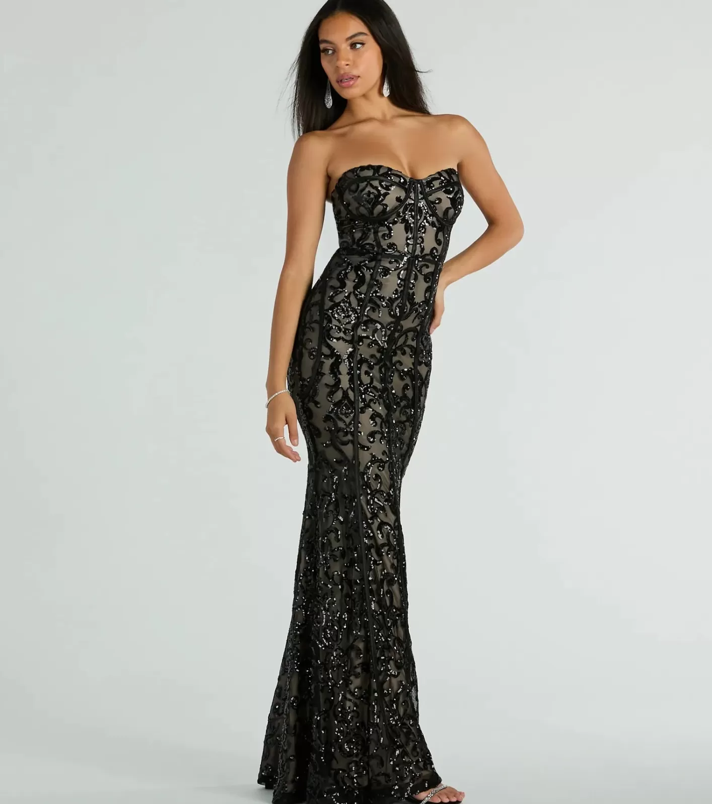 Windsor Serena Strapless Corset Sequin Mermaid Formal Dress BLACK Cheap