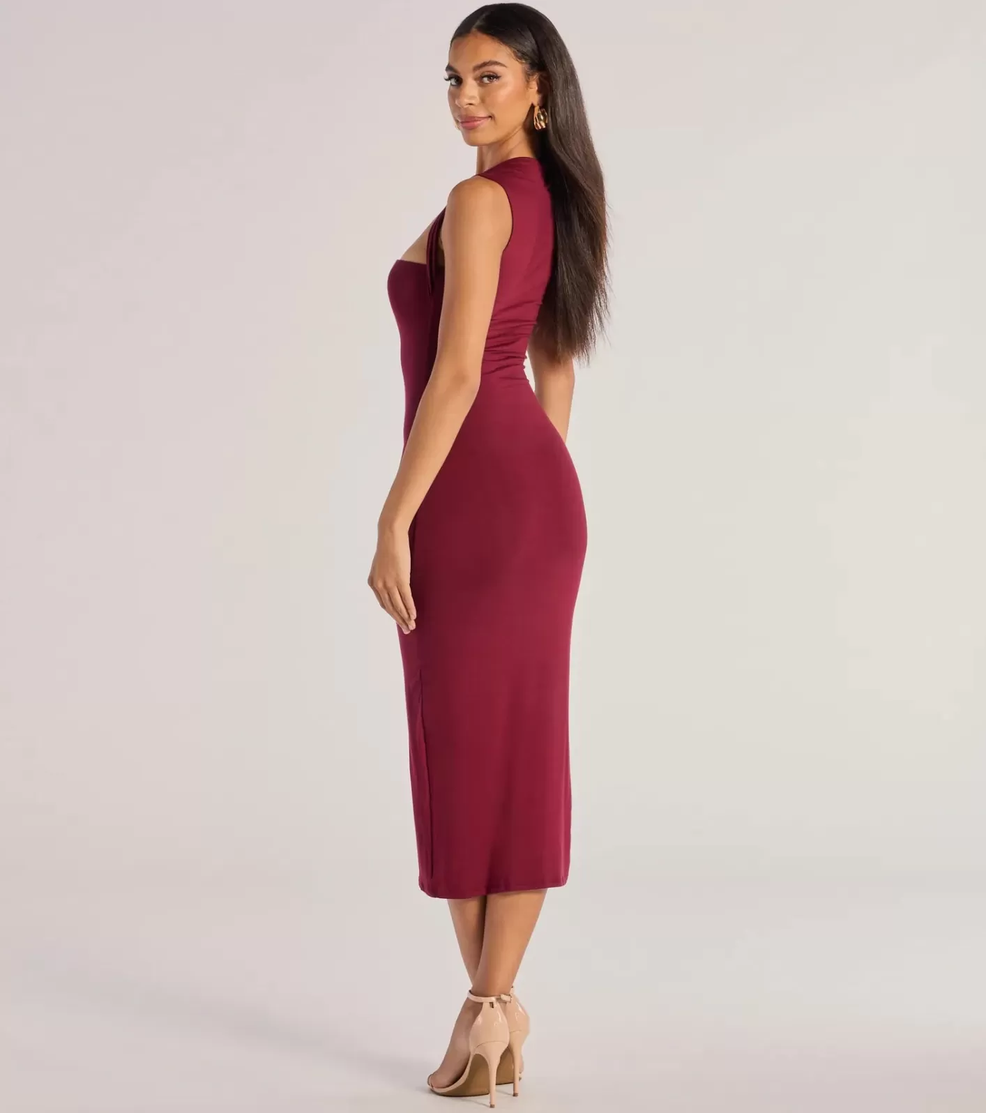 Windsor Serving Sleek Square Neck Bodycon Midi Dress BURGUNDY Sale