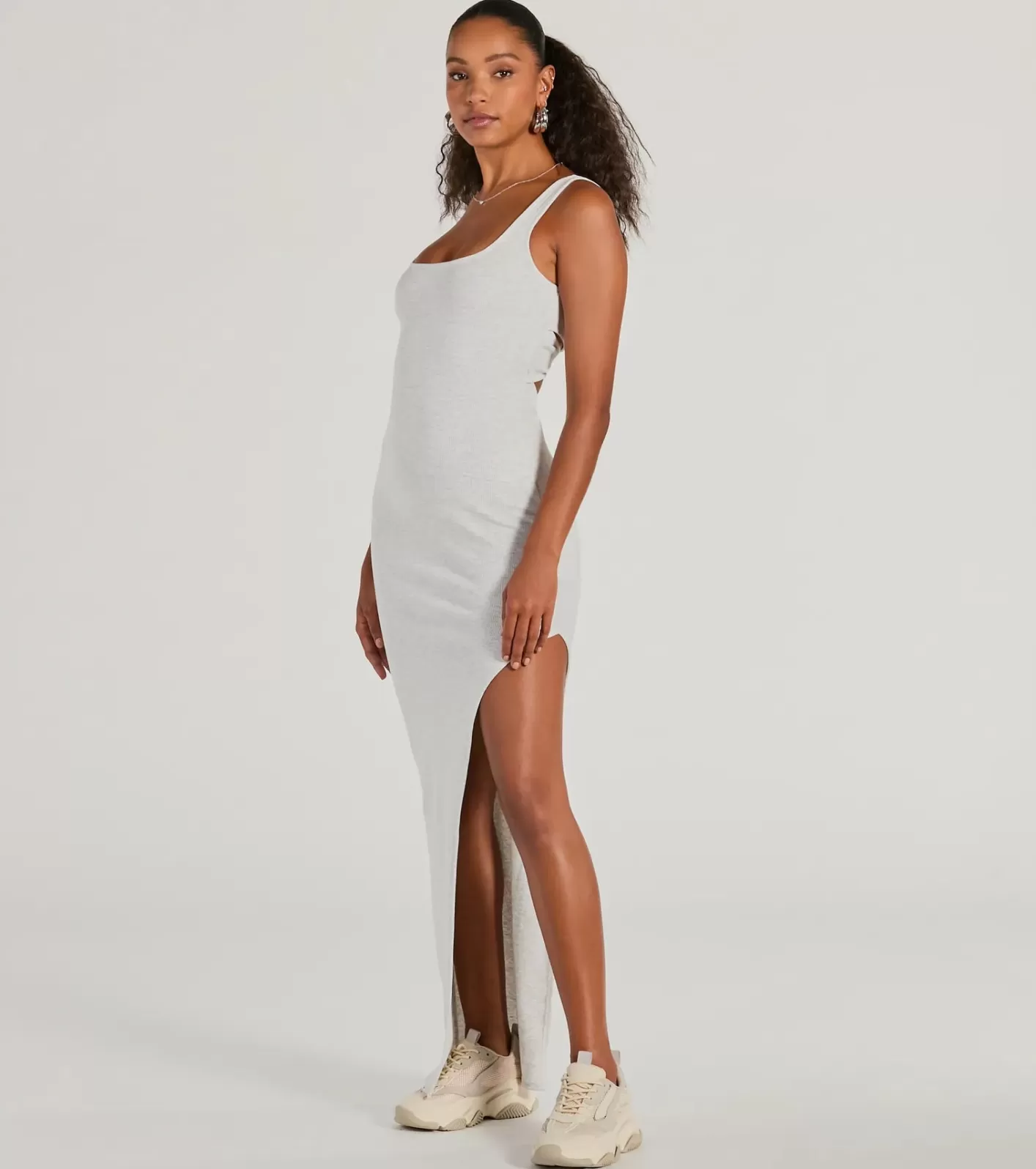 Windsor Set For Cuteness Twist Back Slit Rib Knit Maxi Dress GRAY New