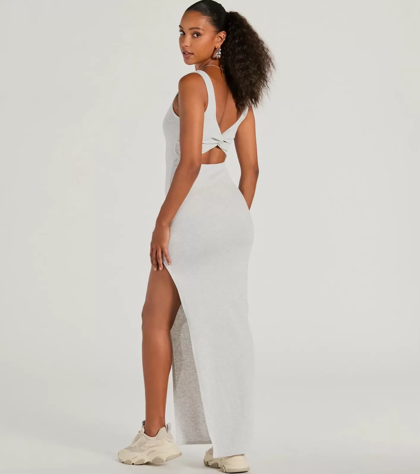 Windsor Set For Cuteness Twist Back Slit Rib Knit Maxi Dress GRAY New