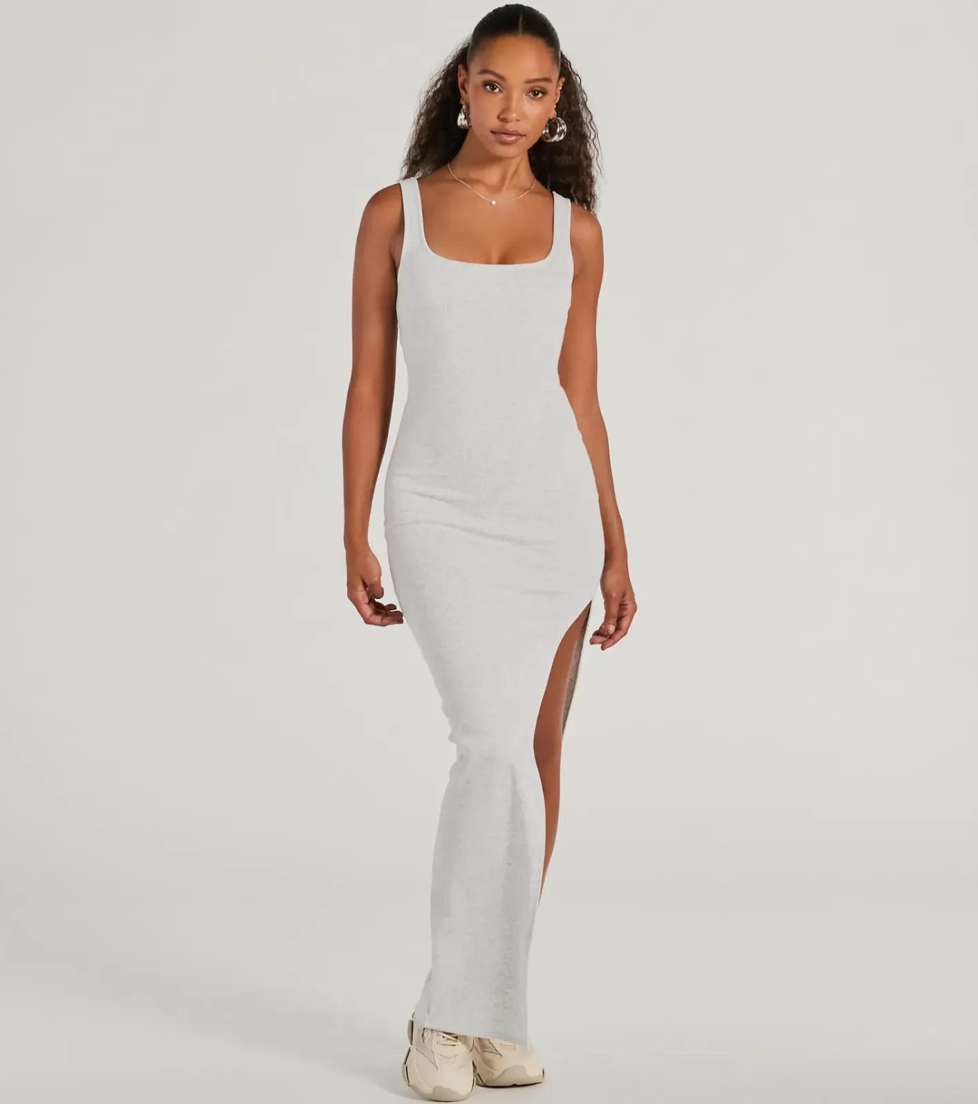 Windsor Set For Cuteness Twist Back Slit Rib Knit Maxi Dress GRAY New