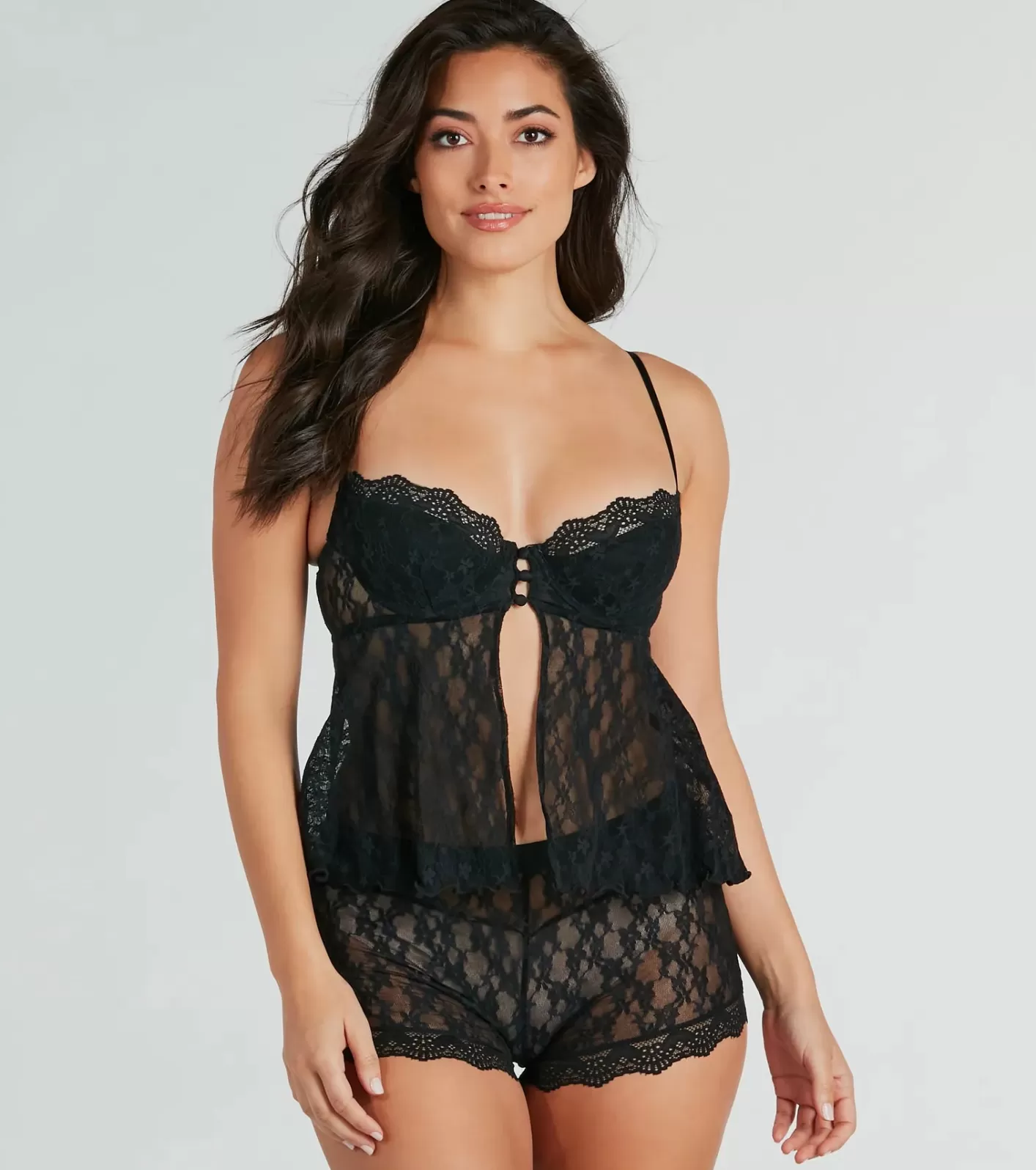 Windsor Sexy Spark Sheer Lace Pajama Top And Boyshorts Set BLACK Fashion