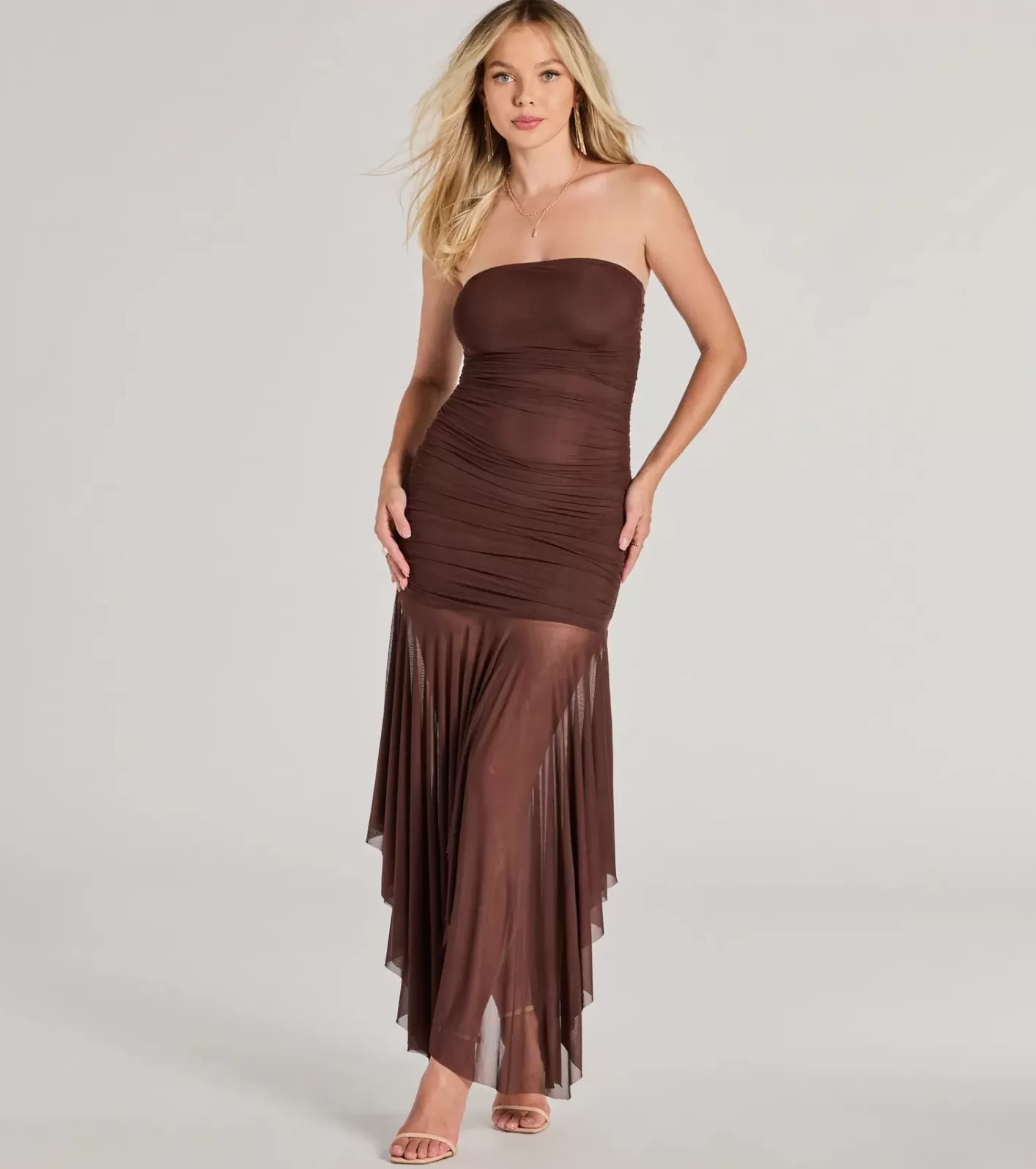Windsor Sheer Perfection Ruched Maxi Mesh Tube Dress BROWN Hot