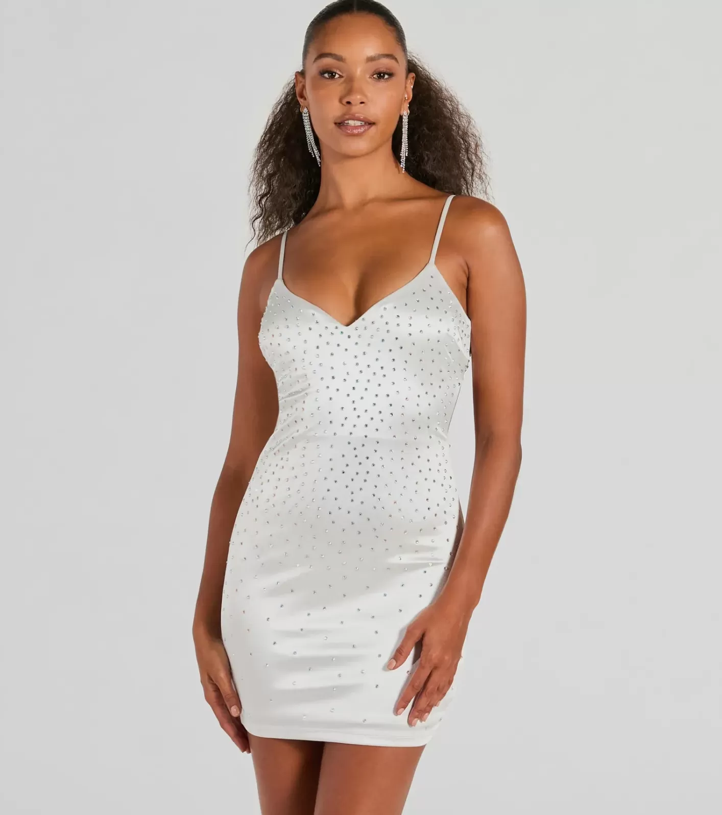Windsor Shine Bright Babe V-Neck Rhinestone Satin Mini Dress WHITE New