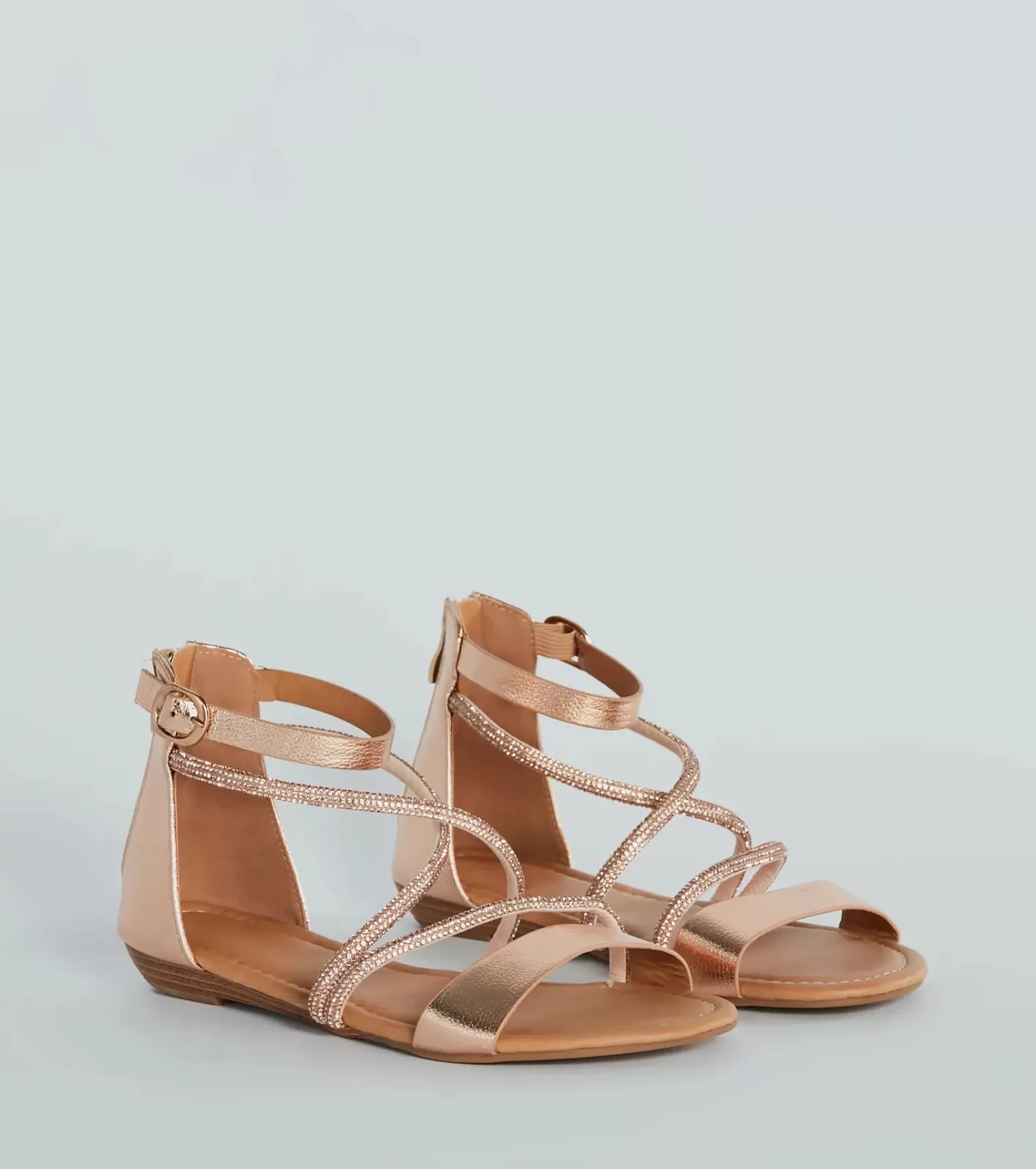 Windsor Shine Shocker Rhinestone Strappy Flat Sandals ROSEGOLD New