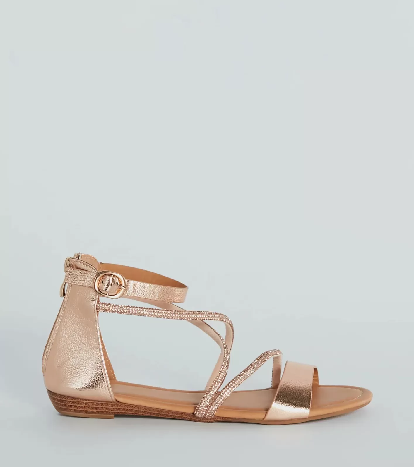 Windsor Shine Shocker Rhinestone Strappy Flat Sandals ROSEGOLD New