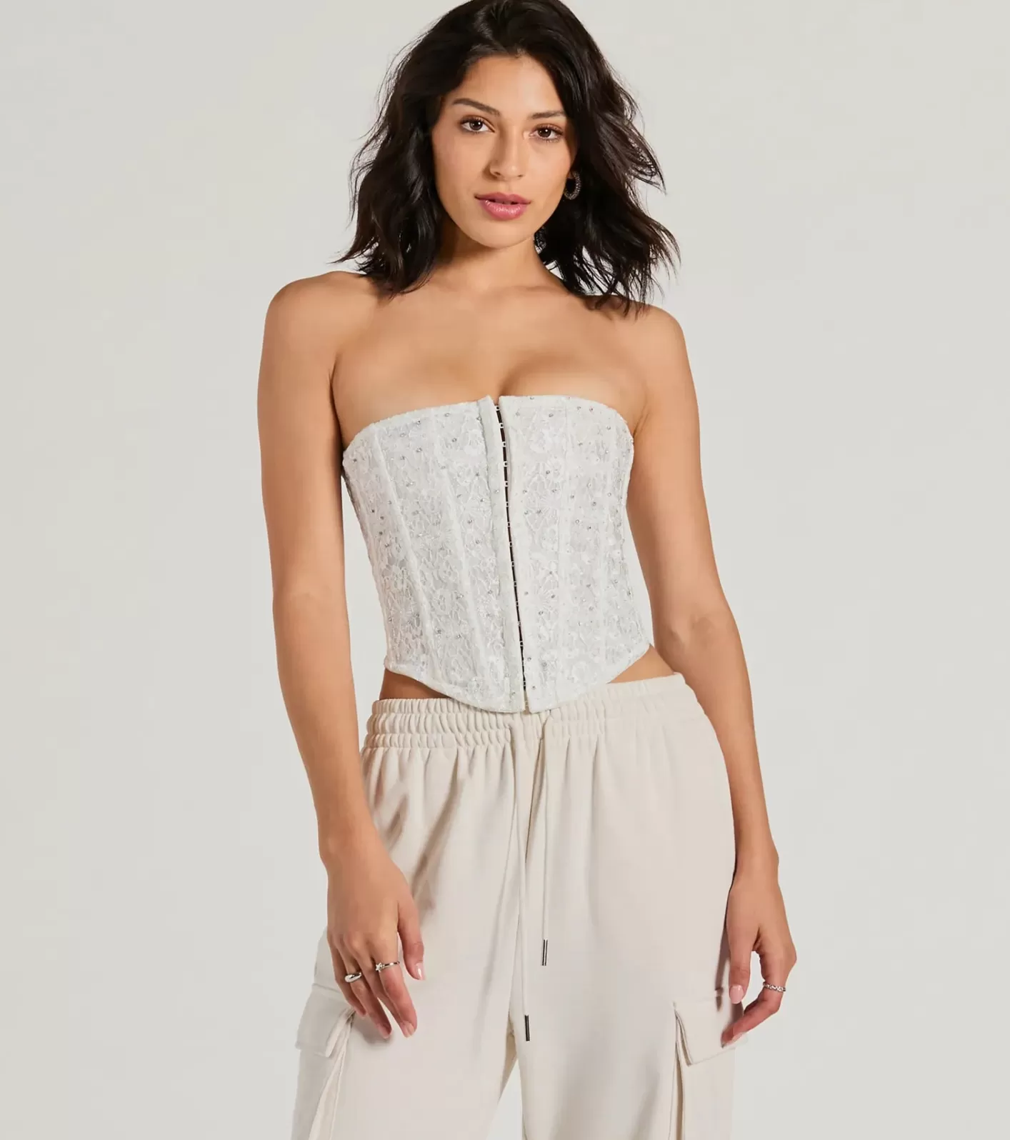 Windsor Show Stopper Strapless Lace Beaded Corset Top IVORY Cheap