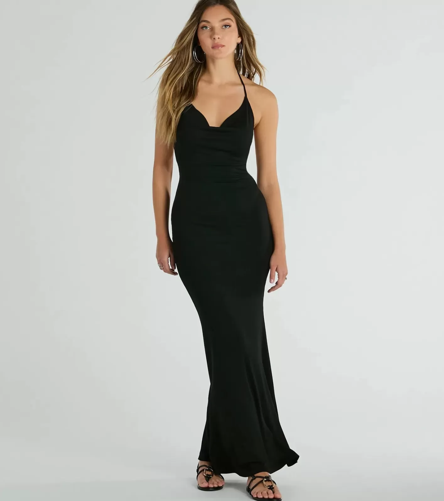 Windsor Simple Slay Halter Cowl Neck Ribbed Knit Maxi Dress BLACK Cheap