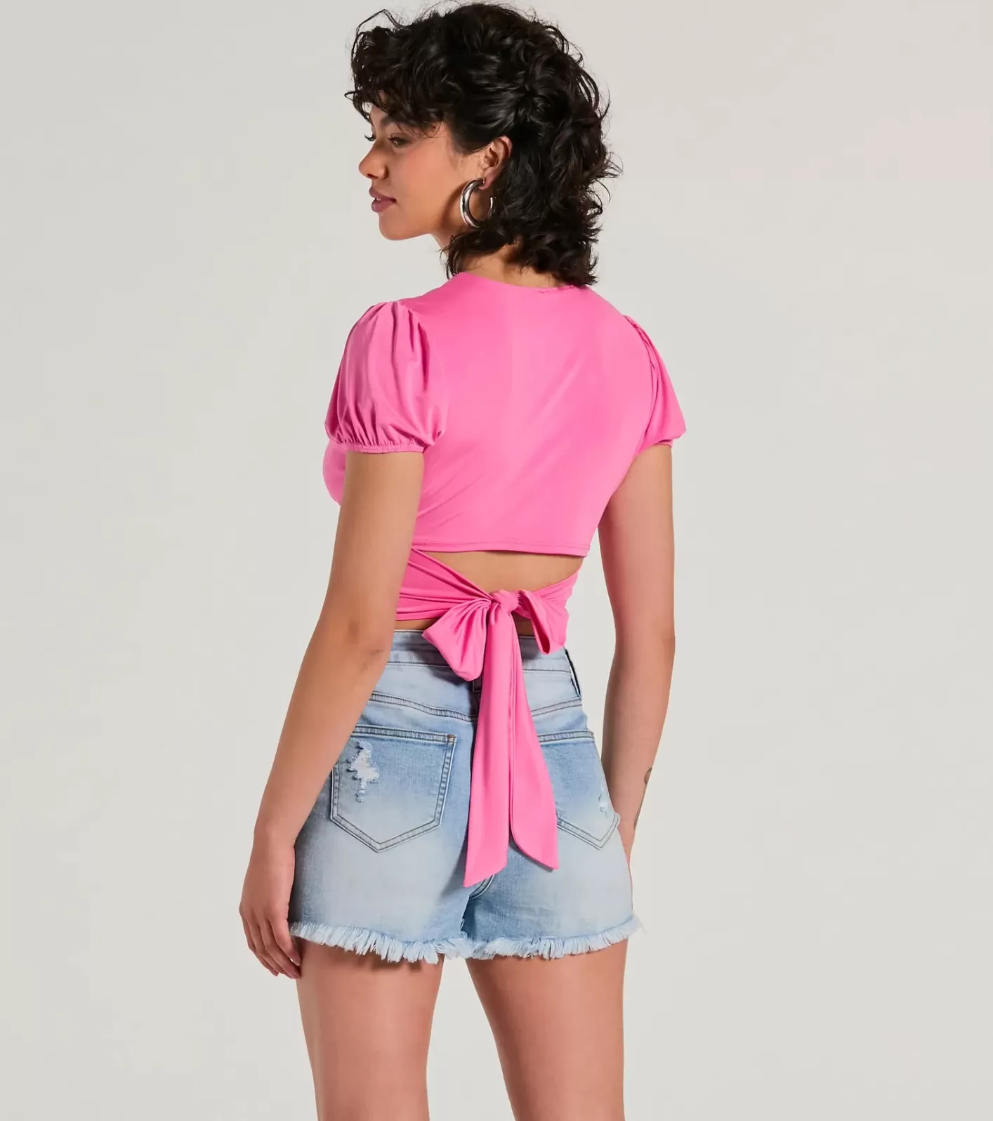 Windsor Simply Adorable Puff Sleeve Cutout Crop Top PINK Clearance
