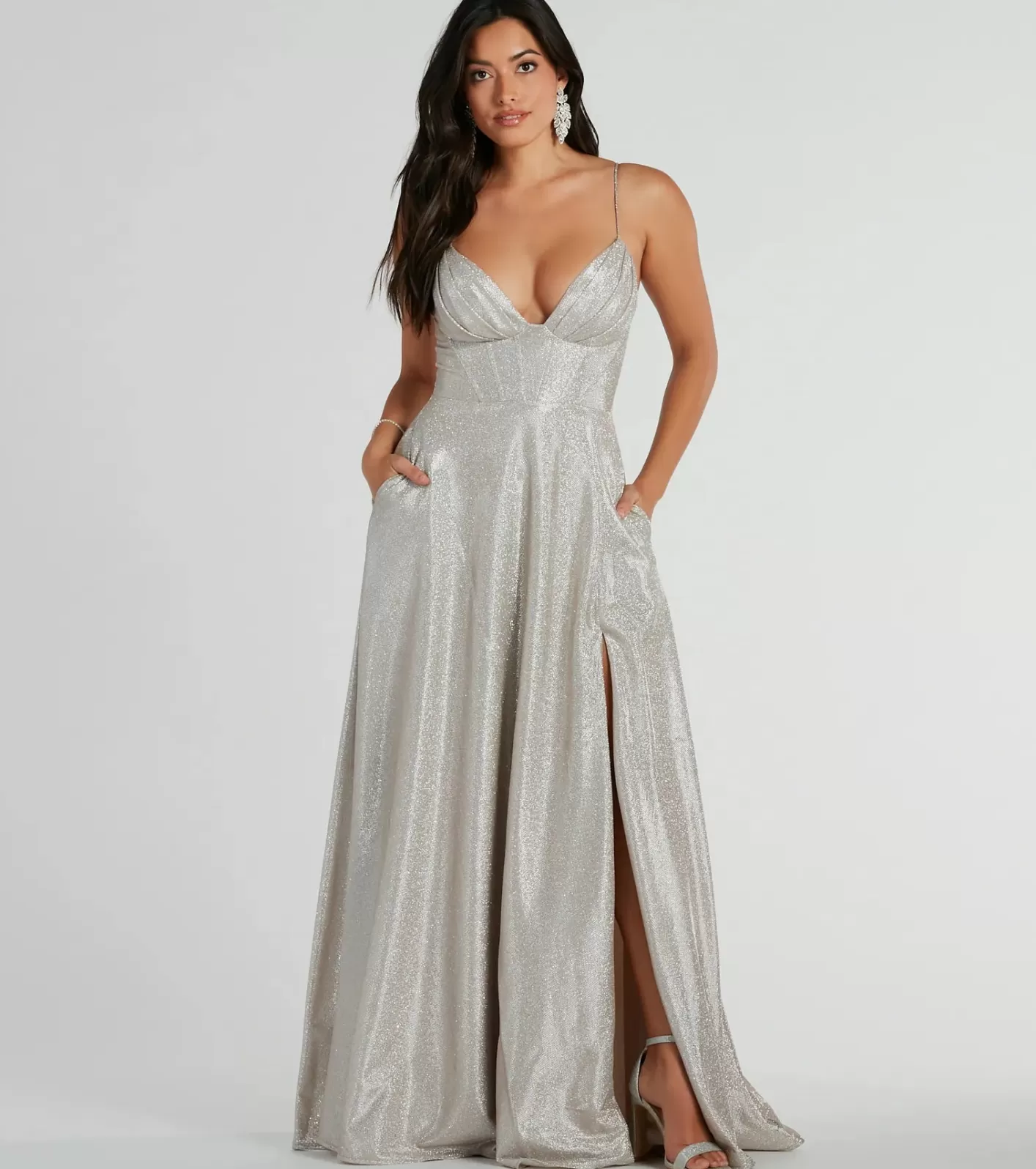 Windsor Skyla Glitter Woven Corset A-Line Formal Dress SILVER Discount
