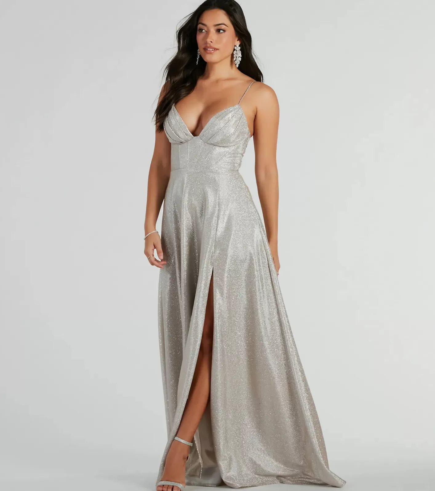 Windsor Skyla Glitter Woven Corset A-Line Formal Dress SILVER Discount