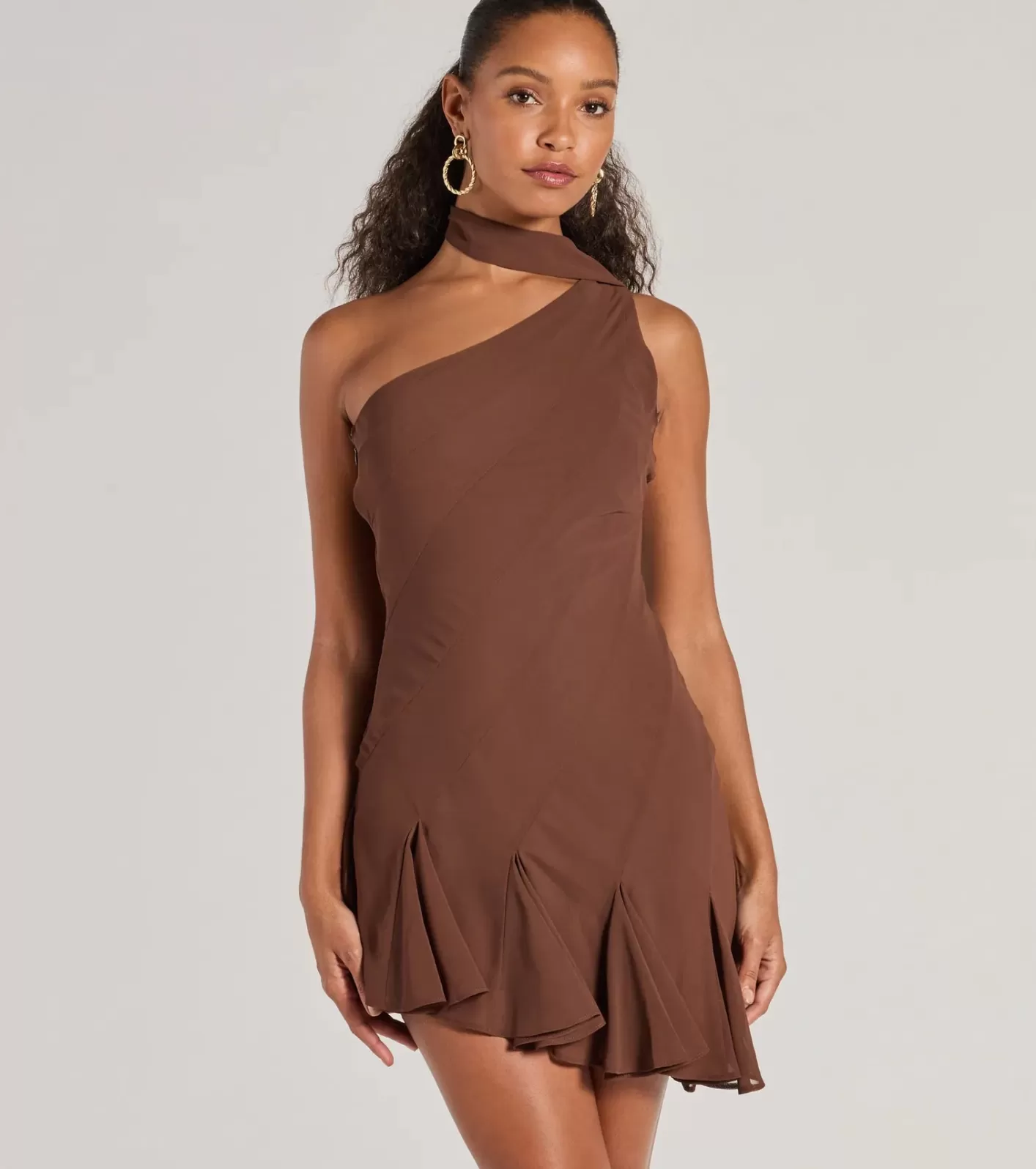 Windsor Sleek And Elevated Chiffon Scarf Neck Mini Dress BROWN Fashion
