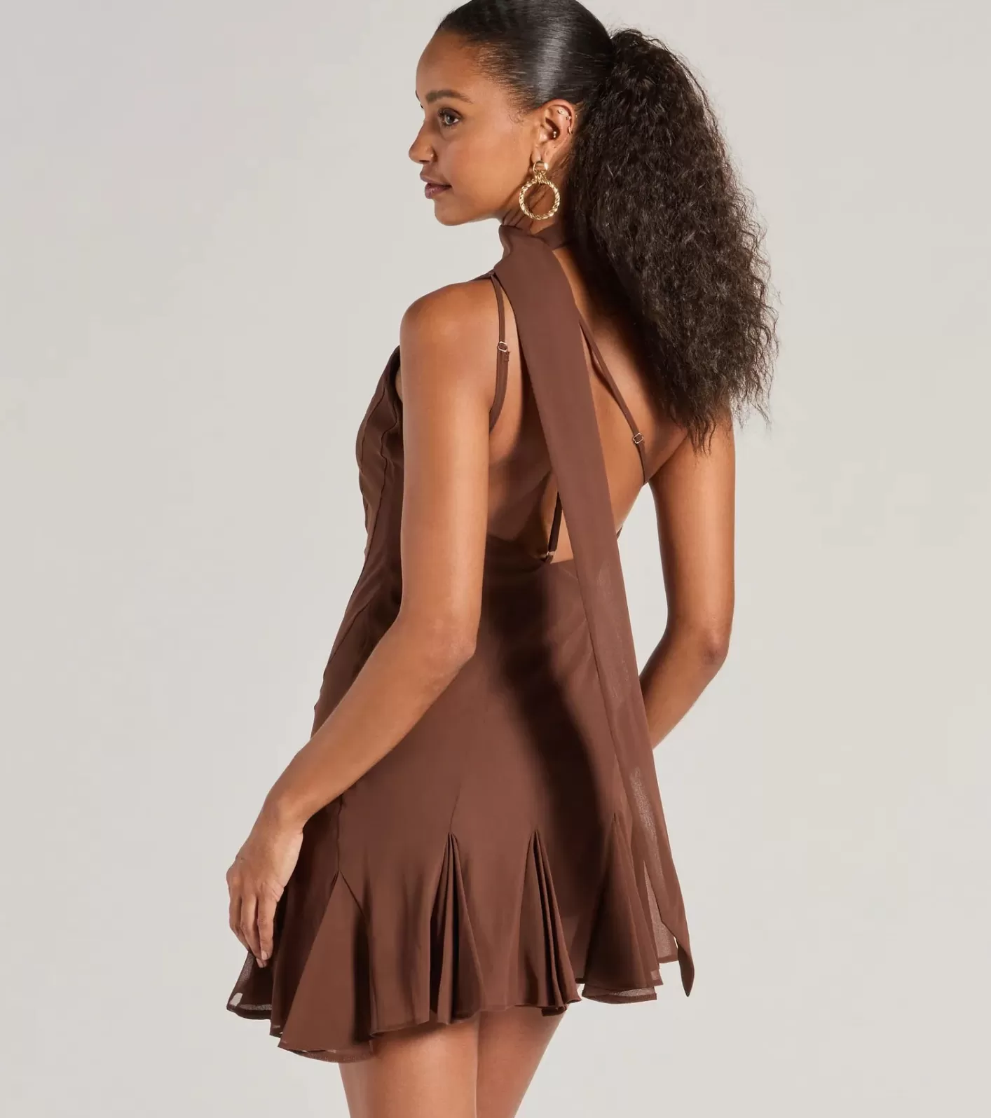 Windsor Sleek And Elevated Chiffon Scarf Neck Mini Dress BROWN Fashion