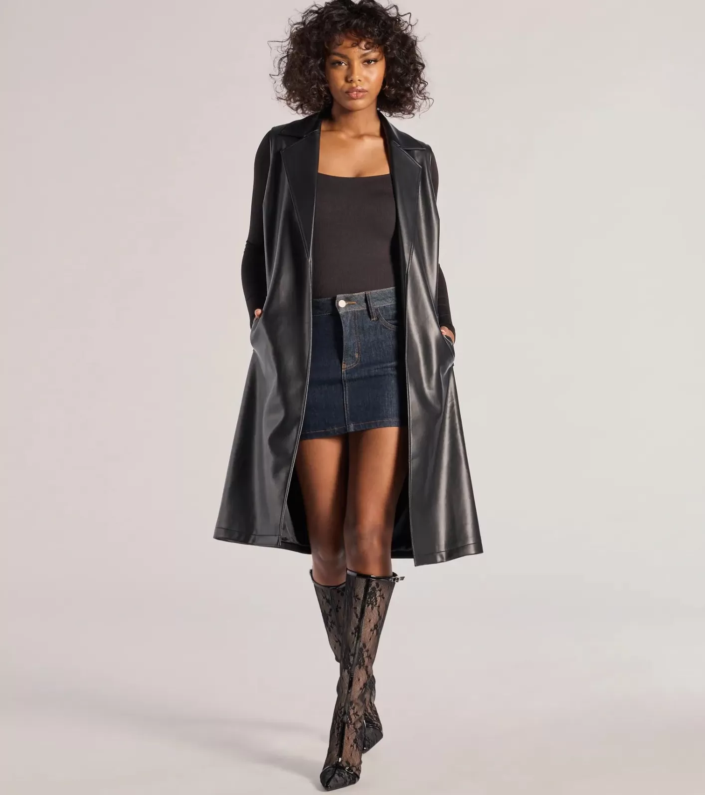 Windsor Sleek Icon Faux Leather Long Belted Vest BLACK Online
