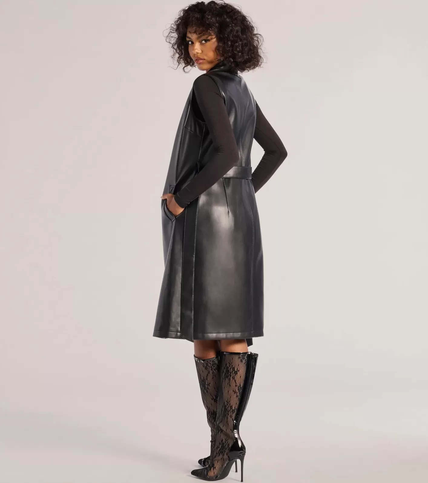 Windsor Sleek Icon Faux Leather Long Belted Vest BLACK Online