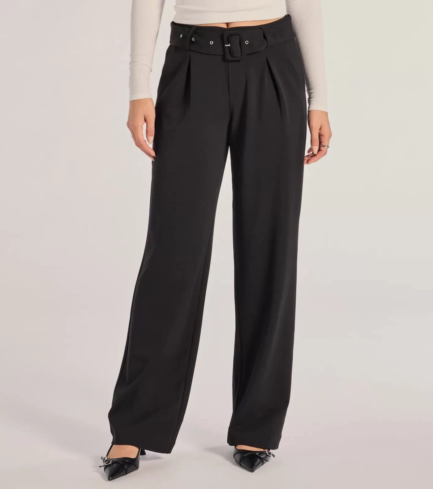 Windsor Sleek Impression Belted Straight-Leg Trouser Pants BLACK Discount