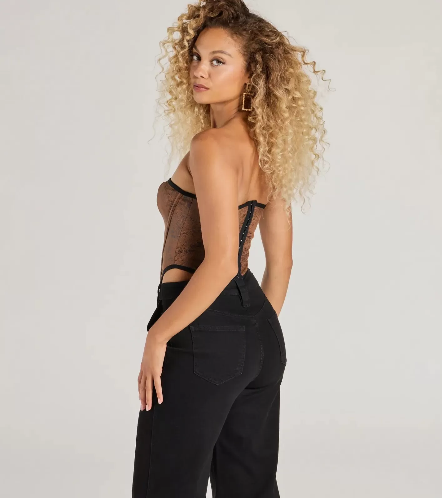 Windsor Smooth And Edgy Lace-Up Faux Suede Corset Top BROWN Hot