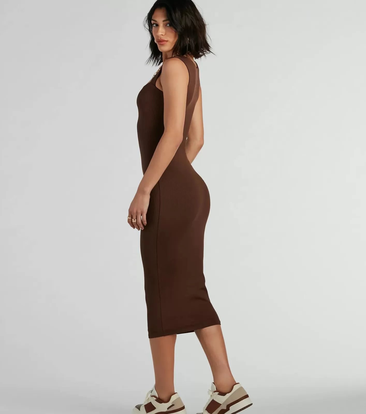 Windsor Smooth Silhouette Square Neck Tank Midi Dress BROWN Discount