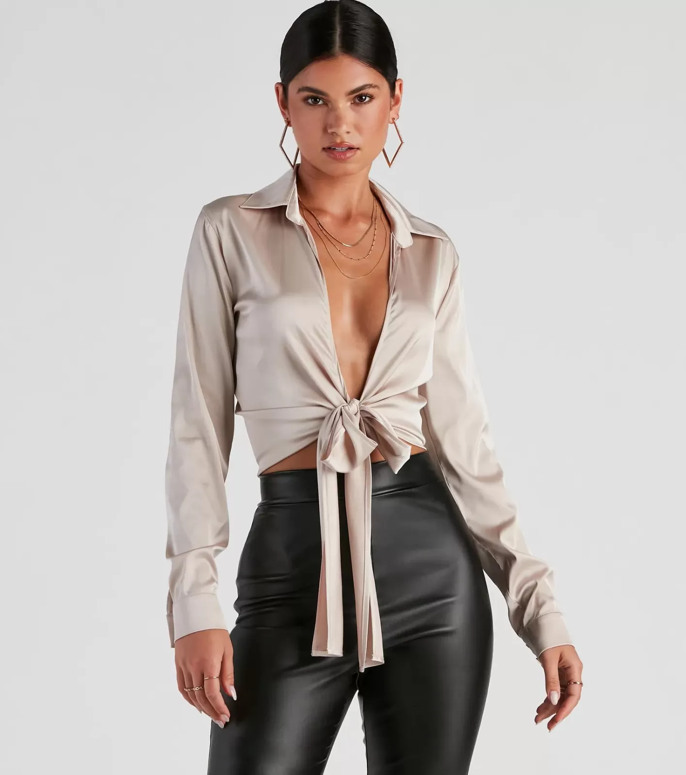 Windsor So Sleek Satin Tie-Front Blouse TAUPE Outlet