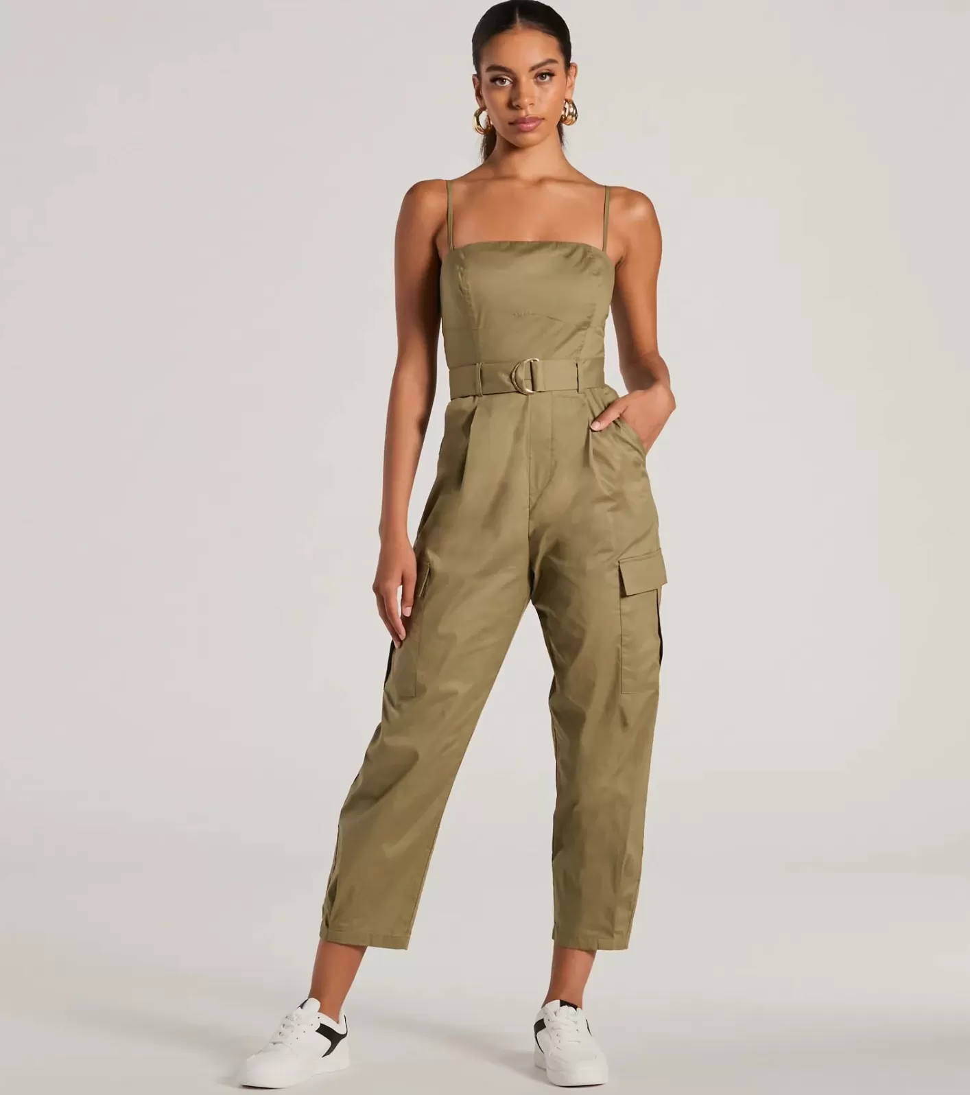 Windsor Social Outing Sleeveless Belted Cargo Crop Jumpsuit OLIVE Outlet