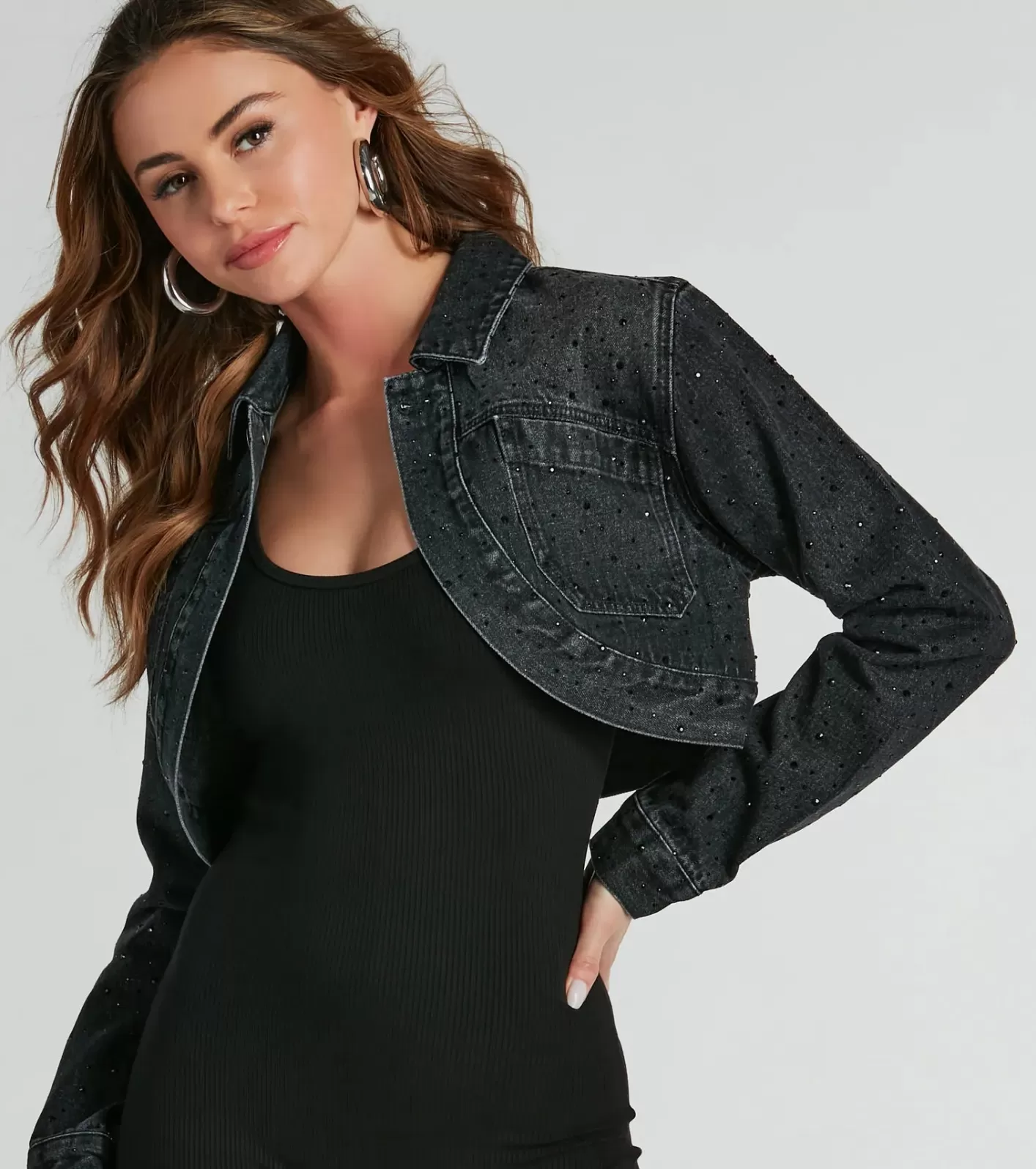 Windsor Sparkle Gal Rhinestone Crop Denim Jacket BLACK Online