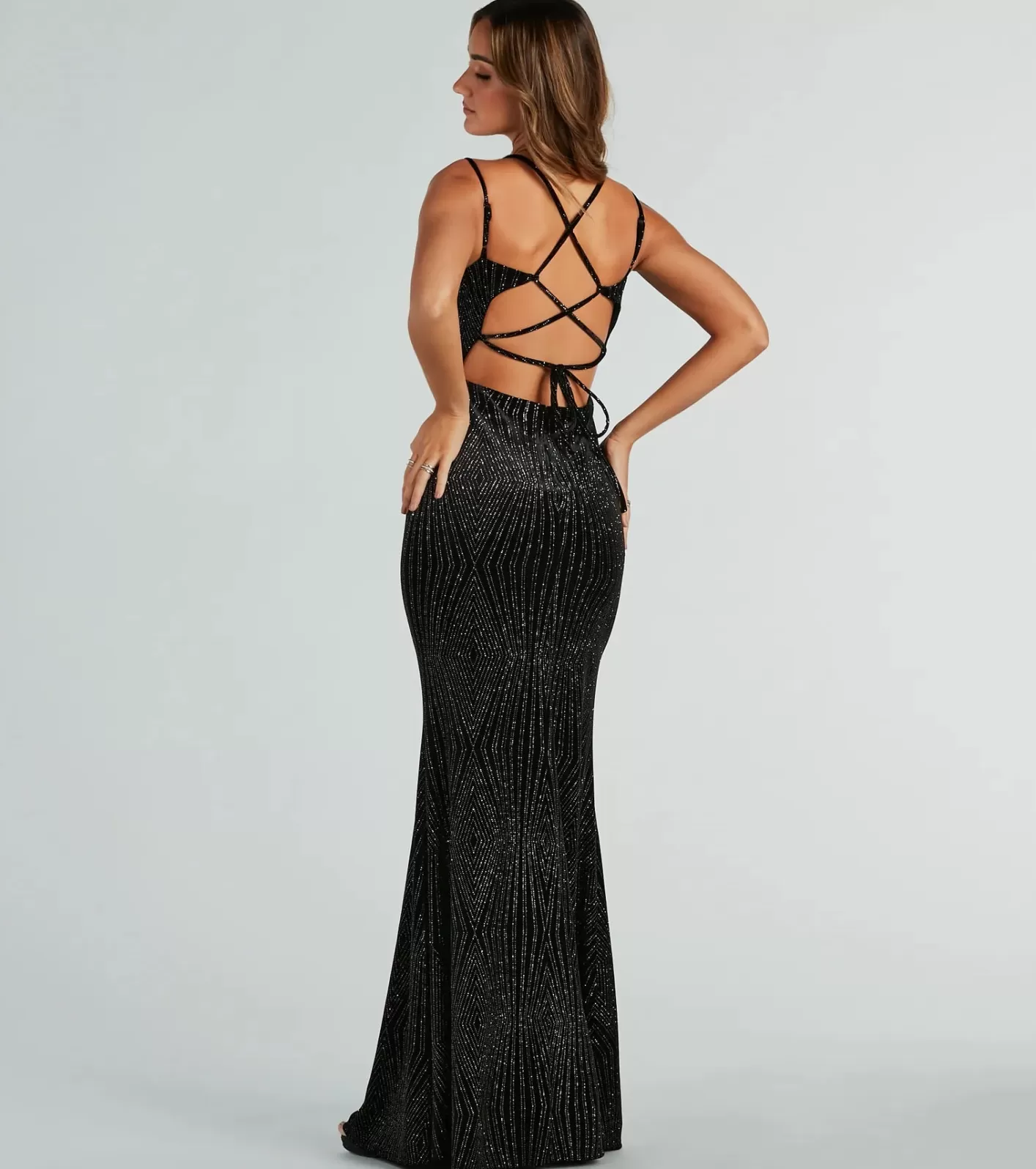 Windsor Spencer Formal Glitter Velvet Lace-Up Long Dress BLACK Hot