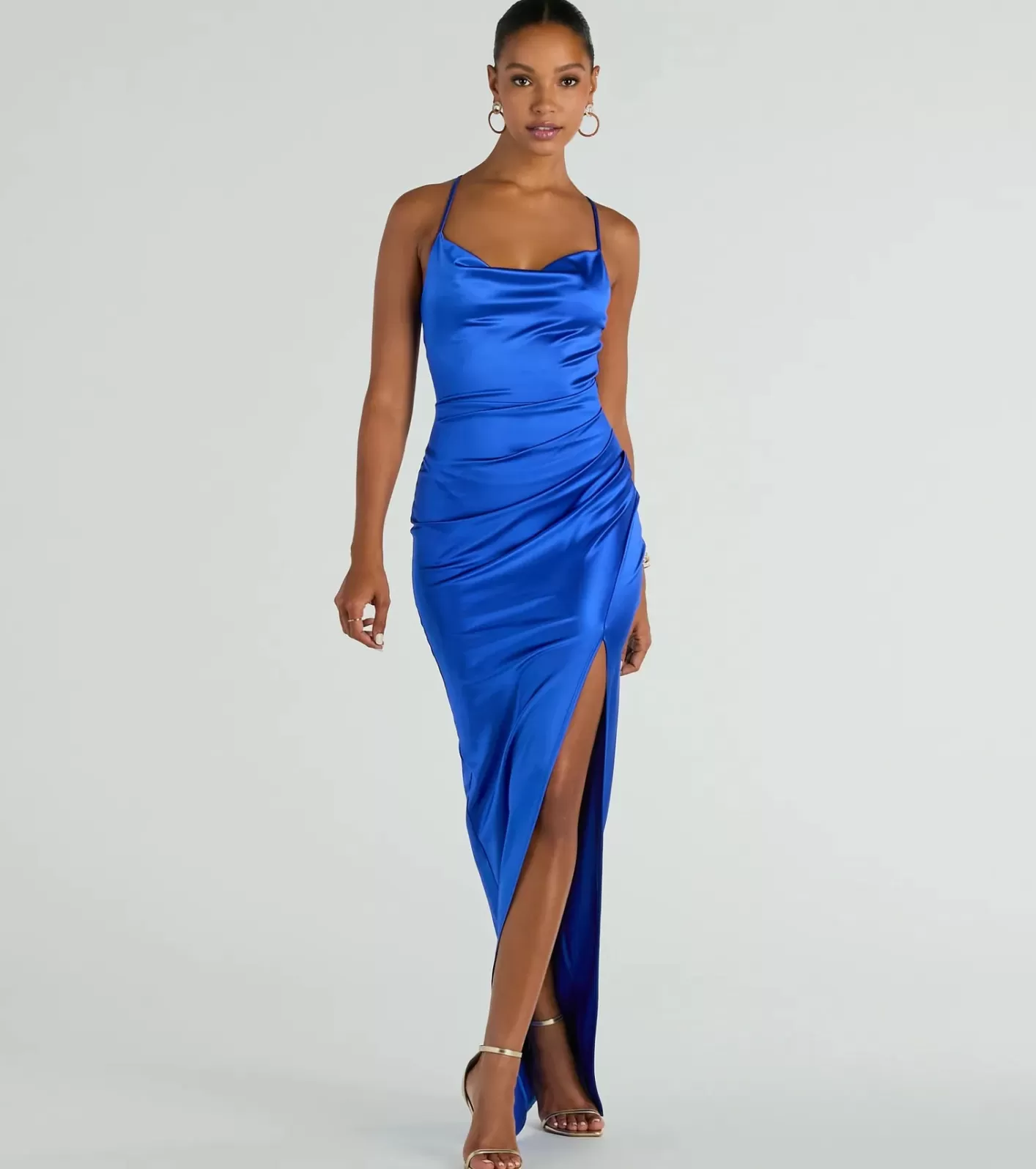 Windsor Stella Satin Cowl Neck High Slit Formal Dress ROYAL Outlet