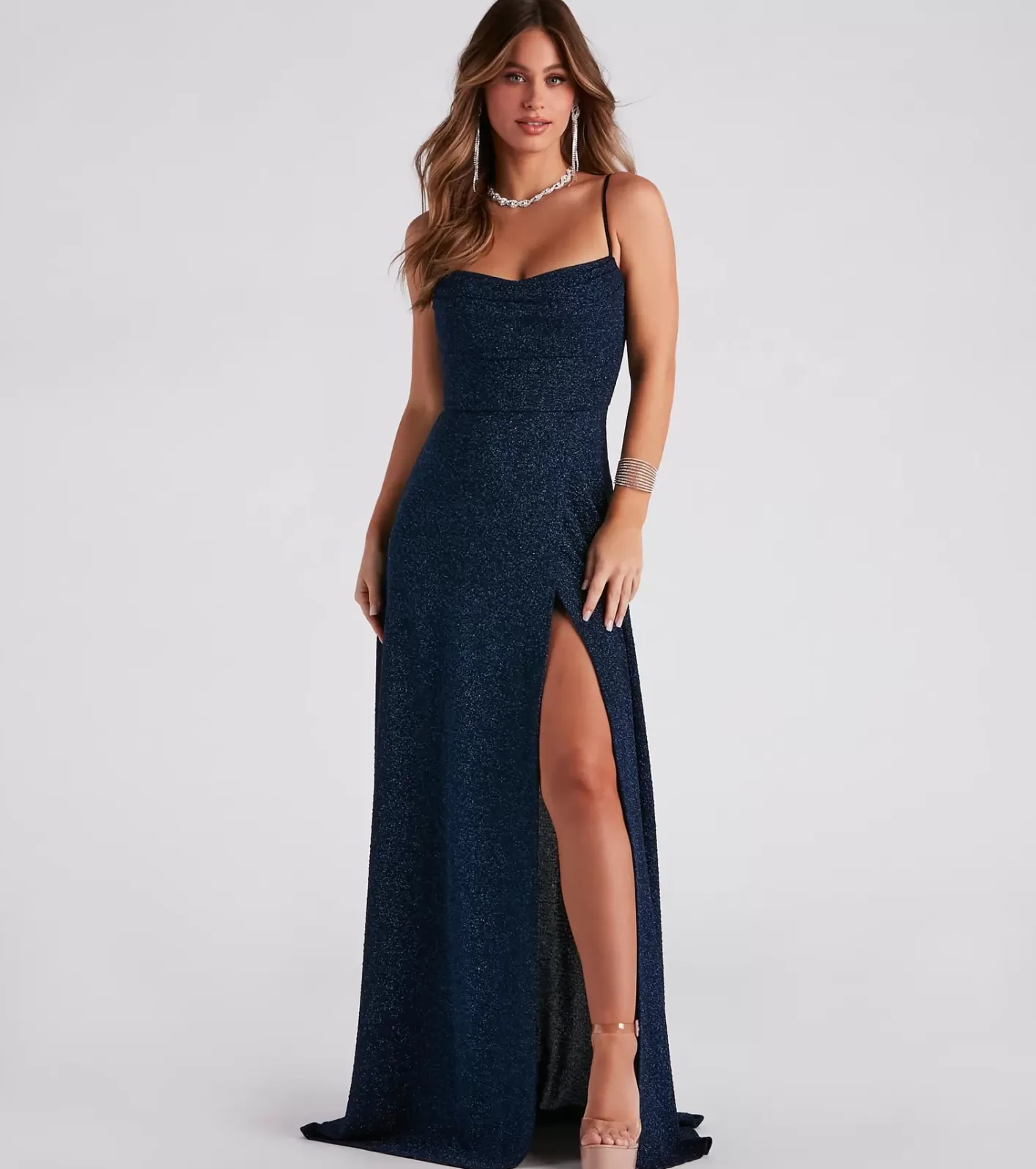 Windsor Stephanie Formal Glitter A-Line Dress NAVY Cheap