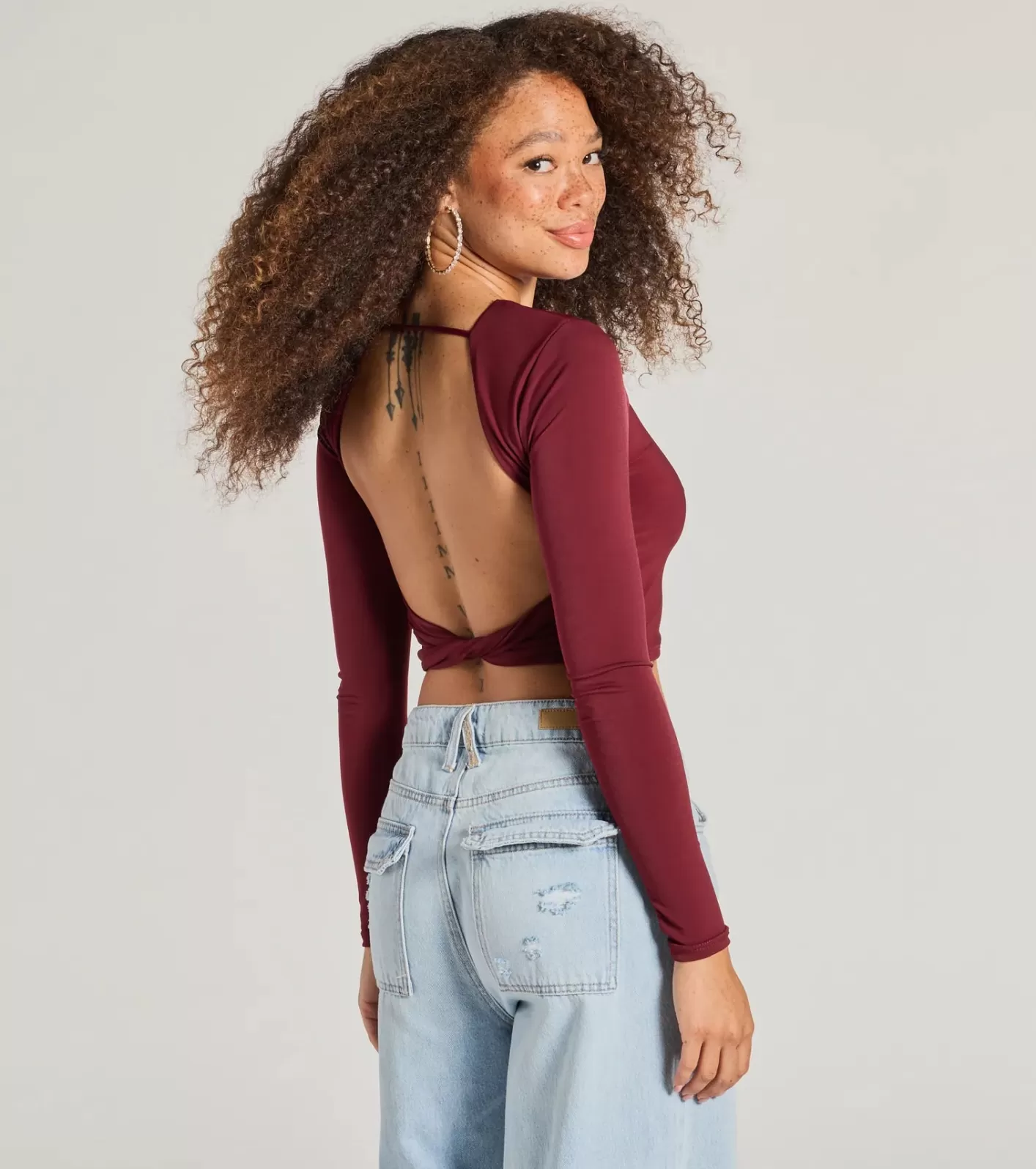 Windsor Stop And Stare Backless Long Sleeve Top BURGUNDY New
