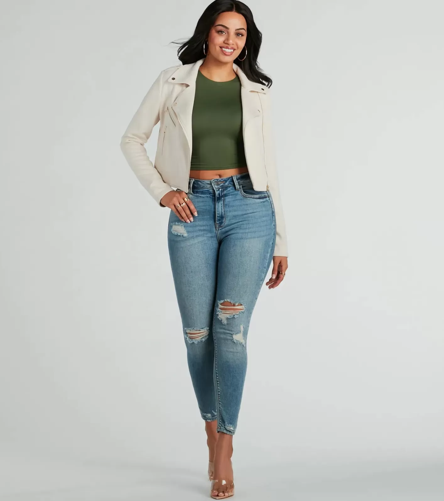 Windsor Stylish Impression Faux Suede Moto Jacket BEIGE Discount