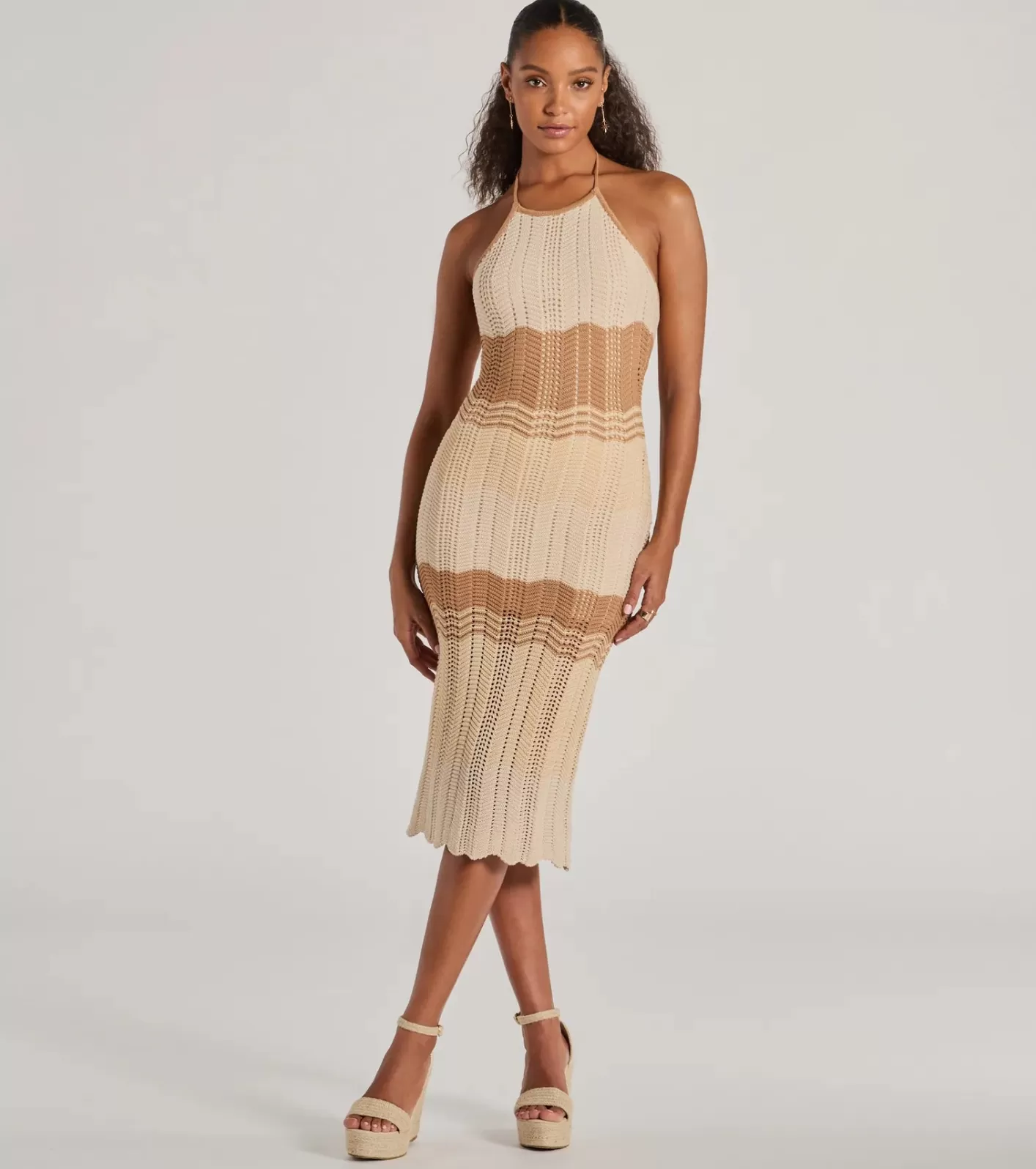 Windsor Stylish Striped Halter Crochet Midi Dress NATURAL Best