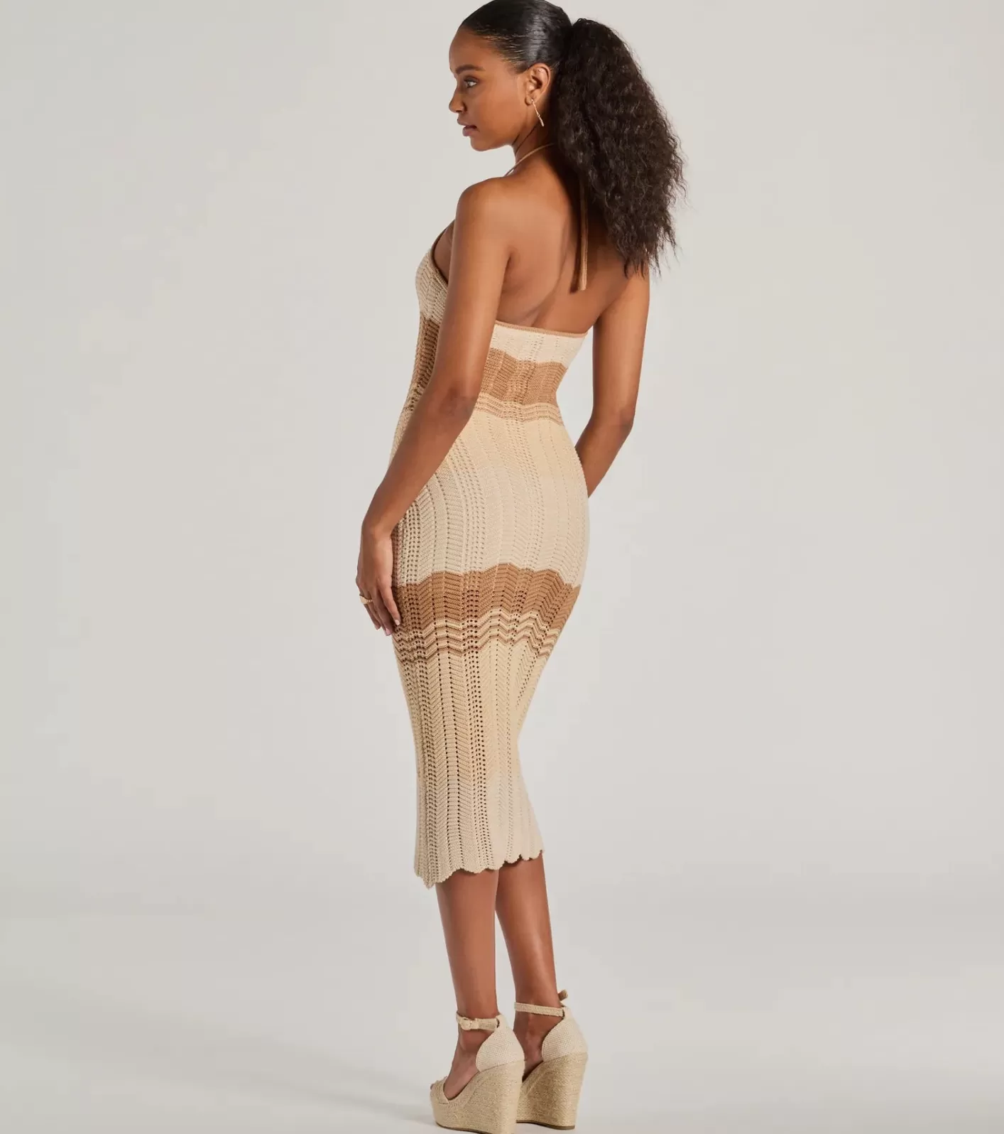 Windsor Stylish Striped Halter Crochet Midi Dress NATURAL Best