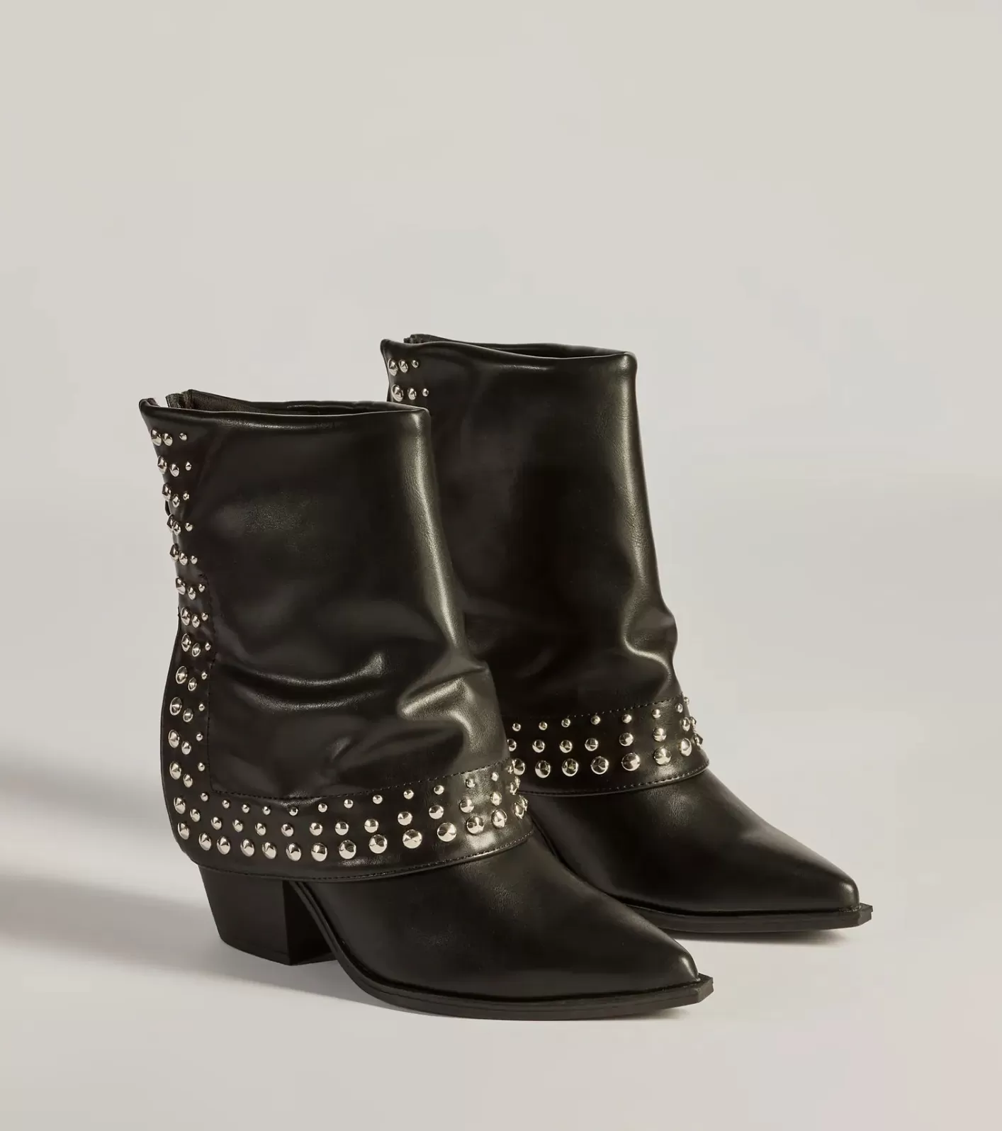 Windsor Stylishly Studded Faux Leather Fold-Over Booties BLACK Discount