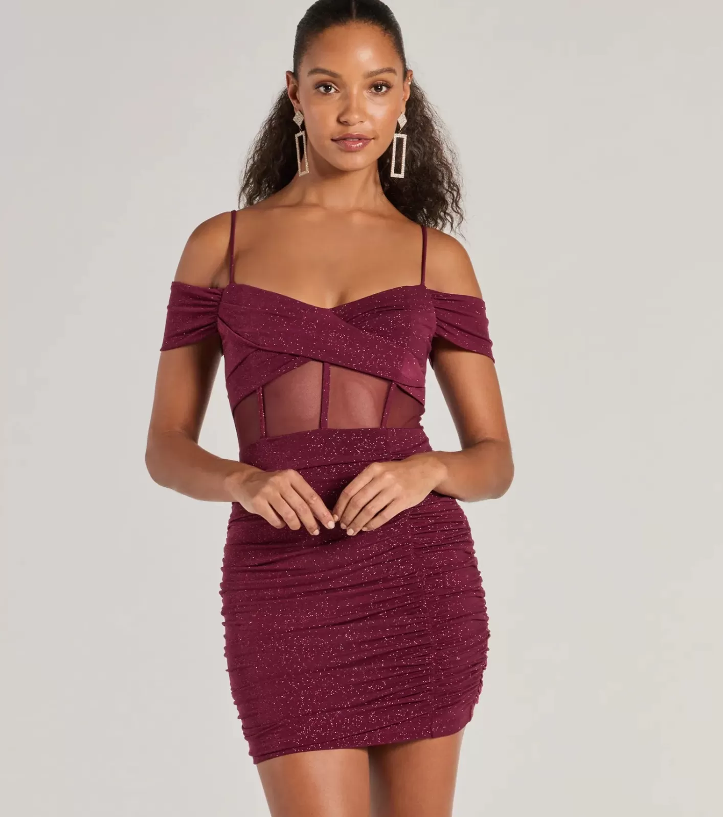 Windsor Sultry Glitz Glitter Cold-Shoulder Mini Dress WINE Best Sale