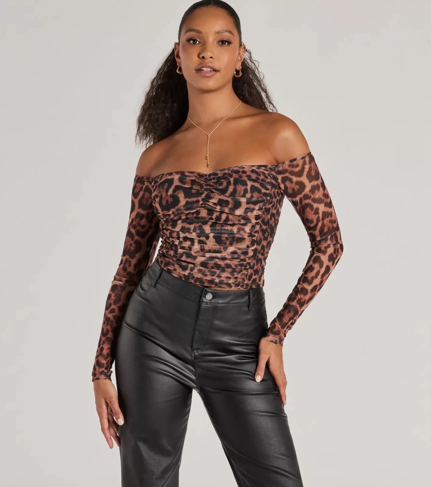 Windsor Sultry Print Mesh Off-The-Shoulder Top LEOPARD Outlet