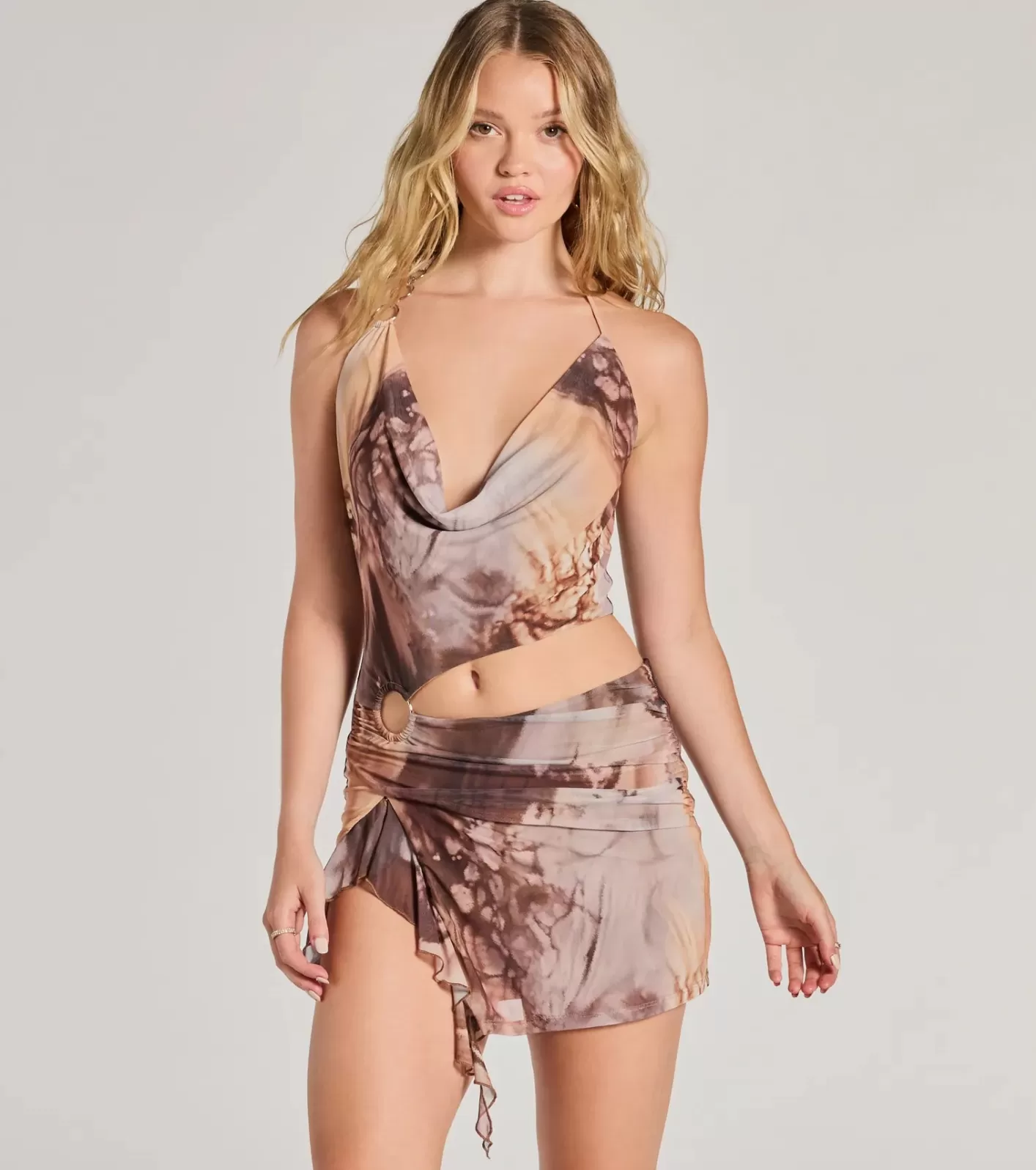 Windsor Sultry O-Ring Cutout Abstract Print Mesh Mini Dress TAUPE Online