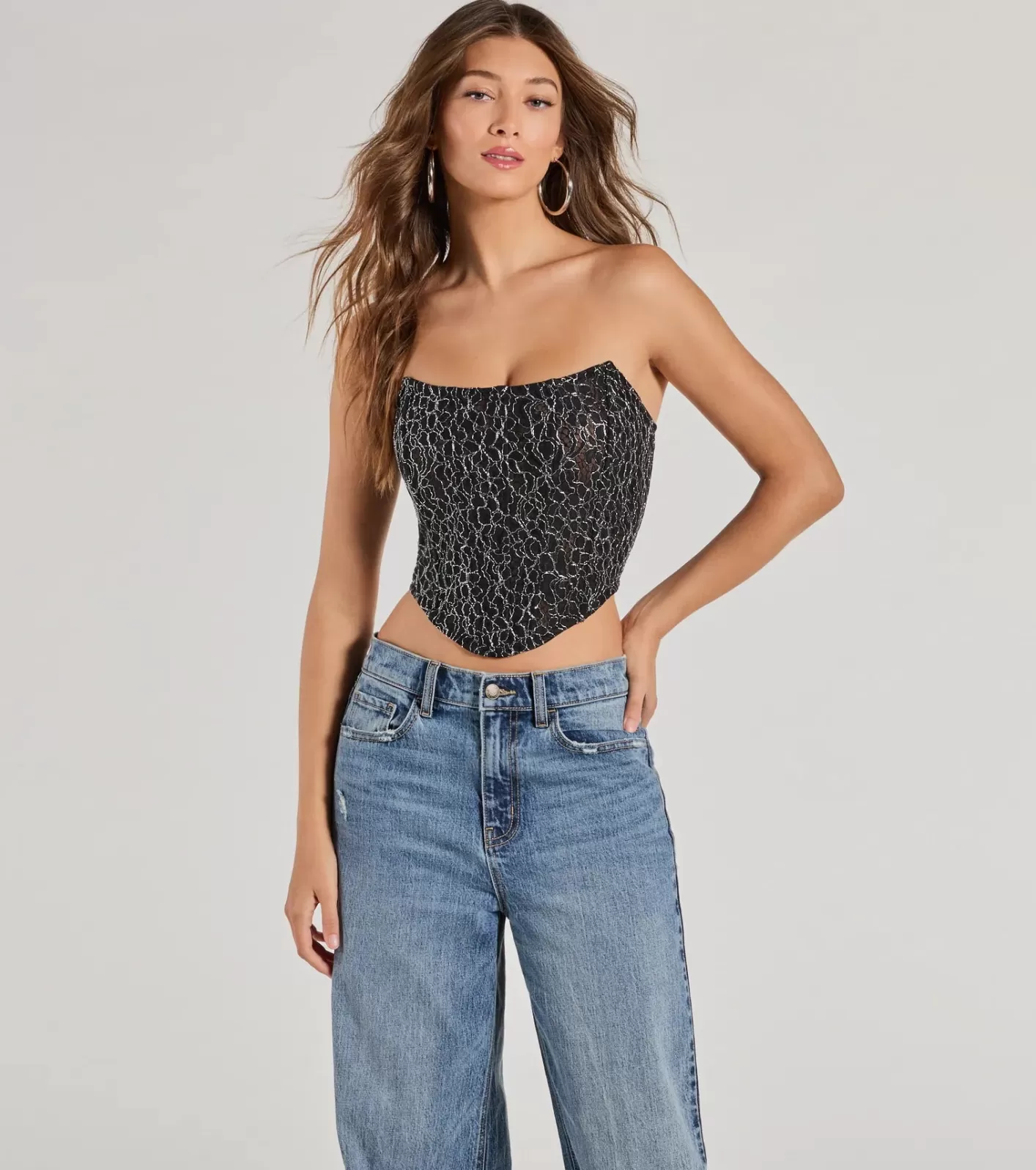 Windsor Sultry Shimmer Lurex Lace Strapless Corset Top BLACK Cheap