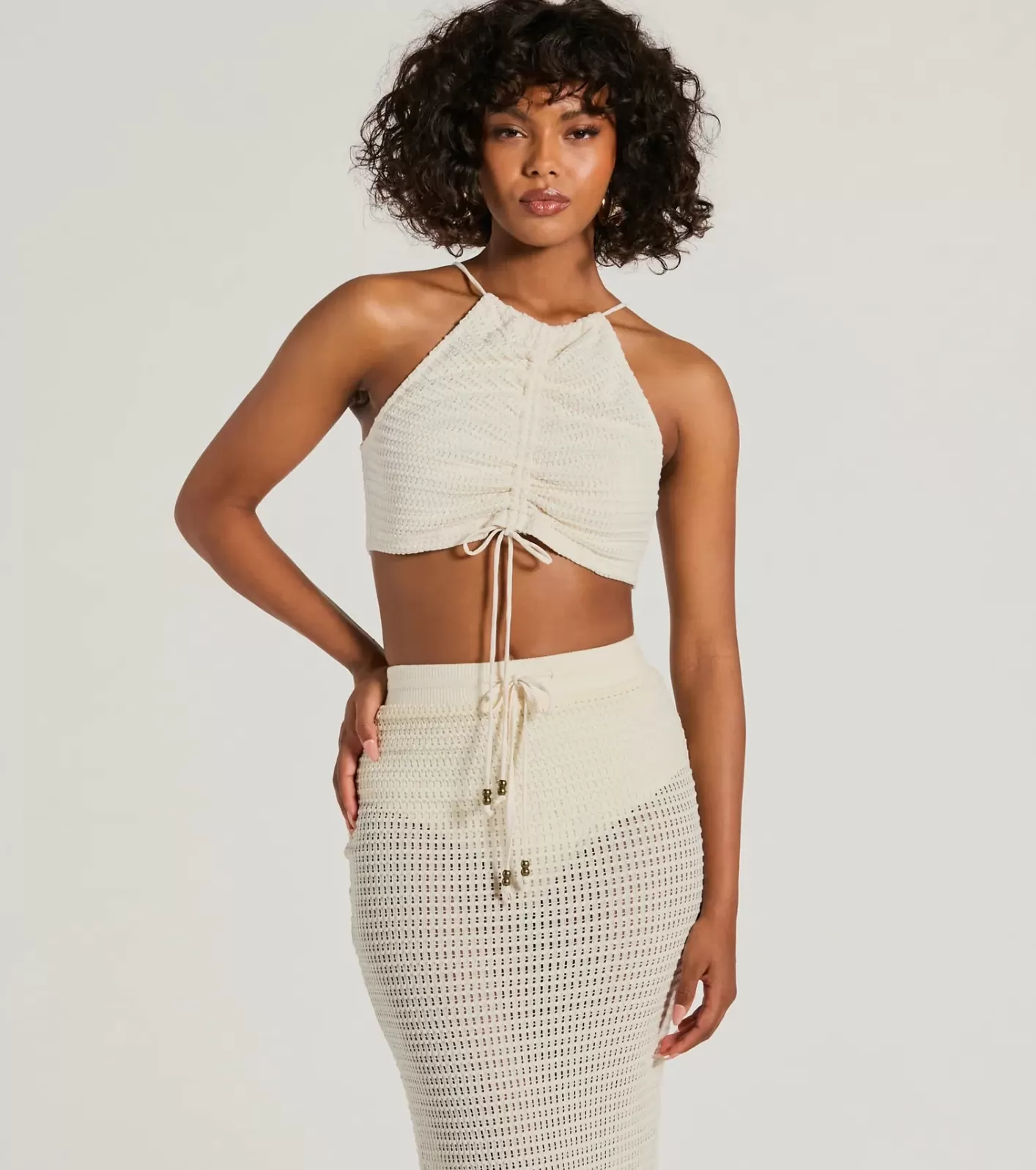 Windsor Sunny Chic Halter Ruched Crochet Crop Top NATURAL Cheap